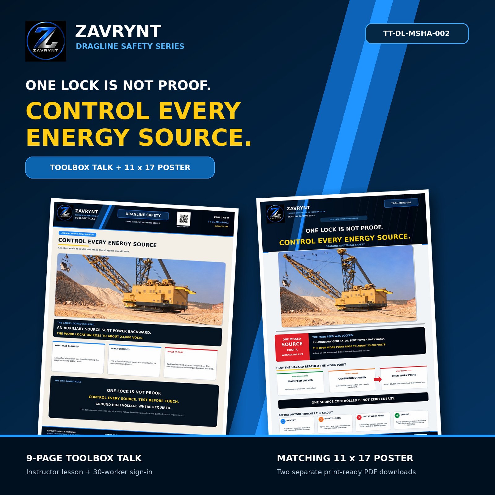 Zavrynt TT-DL-MSHA-002 Control Every Energy Source dragline electrical safety toolbox talk and poster