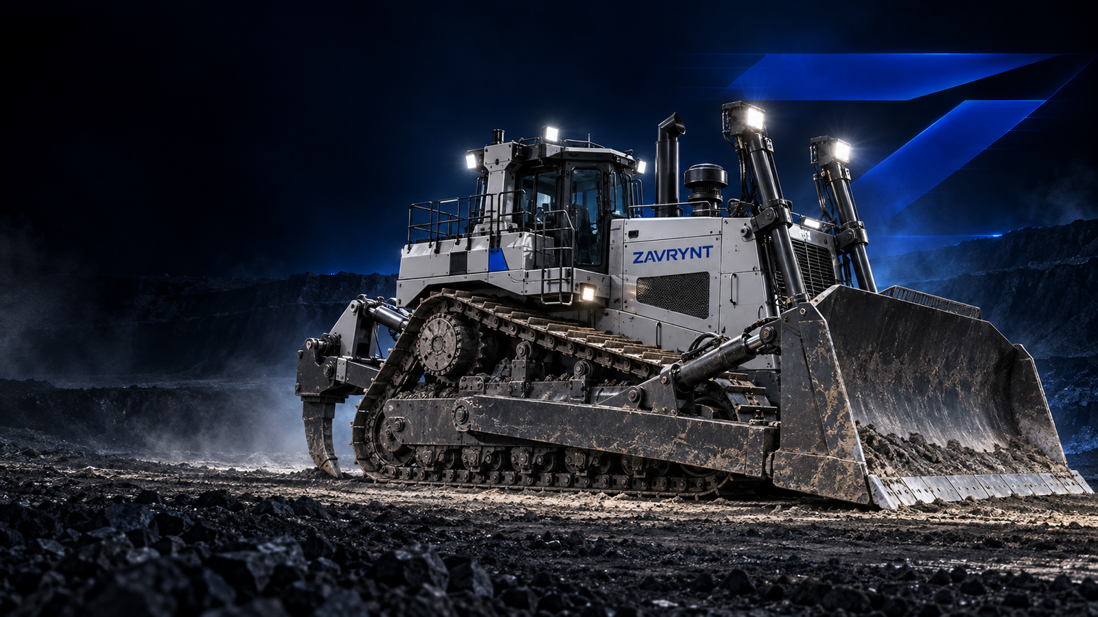 Zavrynt-branded D10-class mining dozer at night