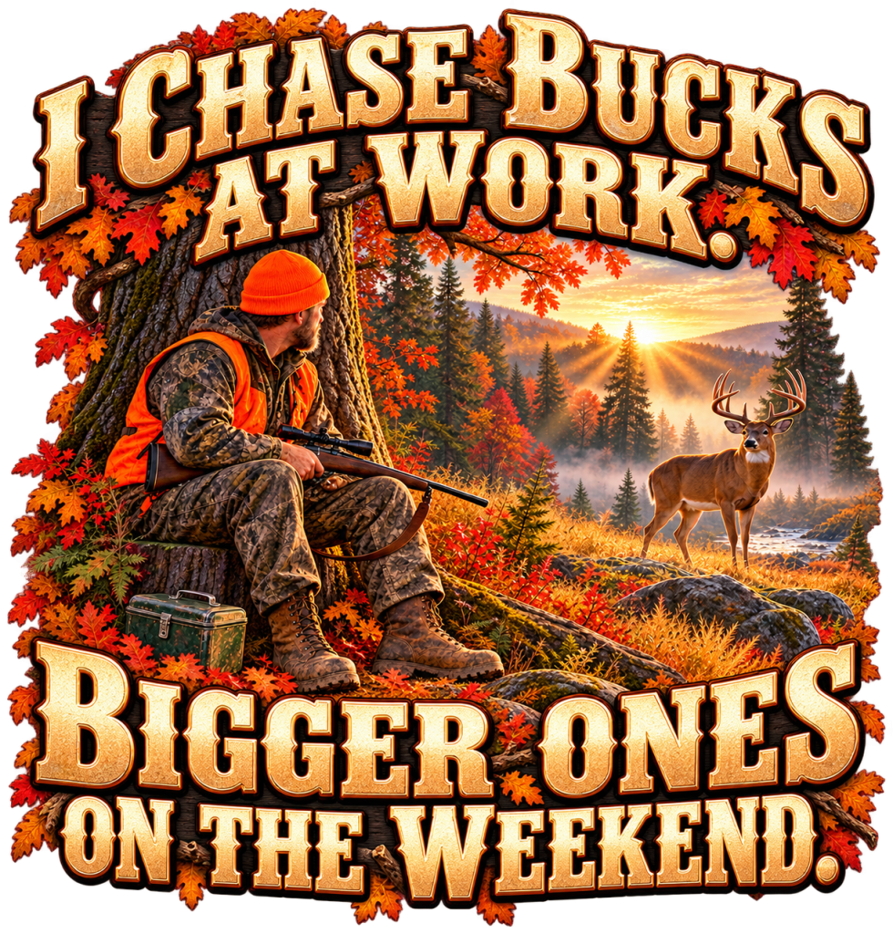 I chase bucks at work, bigger ones on the weekend: autumn deer-hunter sticker artwork