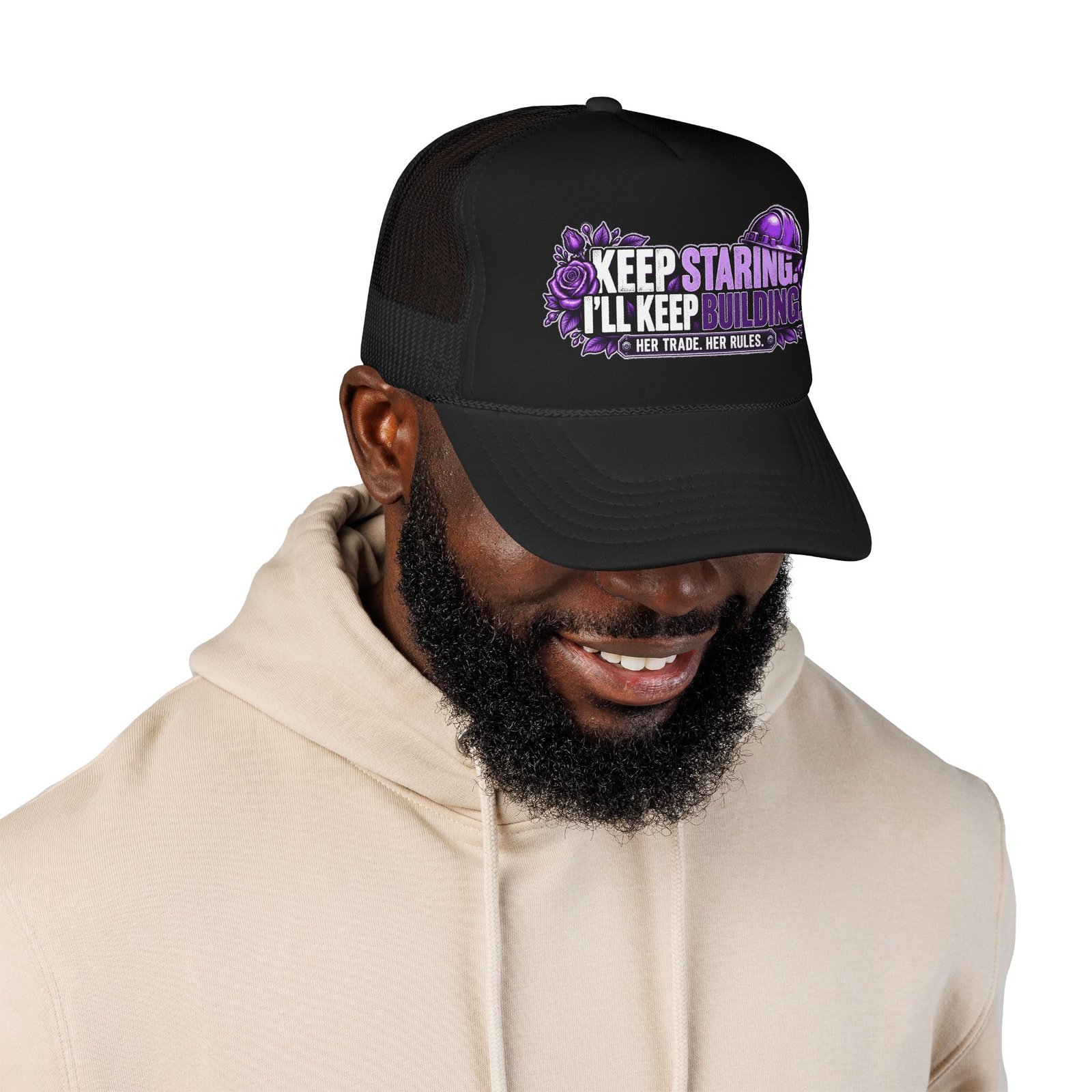 Keep staring. I’ll keep building. | Black Foam Trucker Hat — Purple Roses | Her Trade. Her RULES. - Image 3