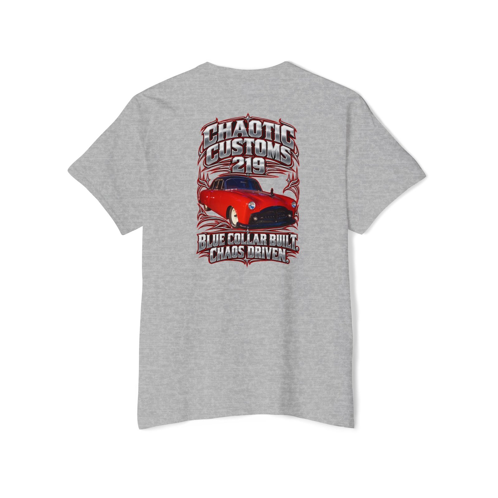Chaotic Customs 219 — Blue Collar Built. Chaos Driven. Pocket Tee - Image 3