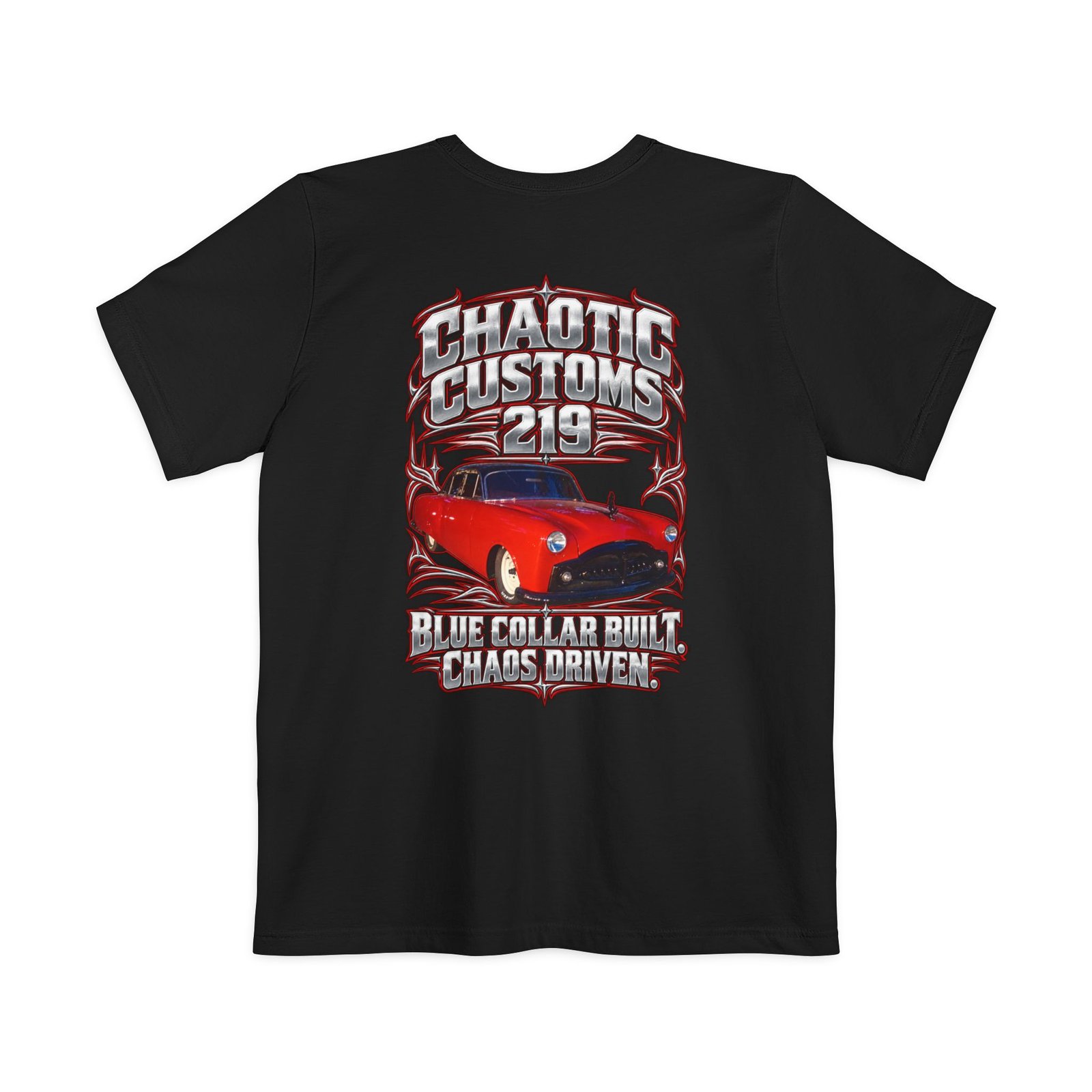 Chaotic Customs 219 — Larger Back Print Bella+Canvas Pocket Tee