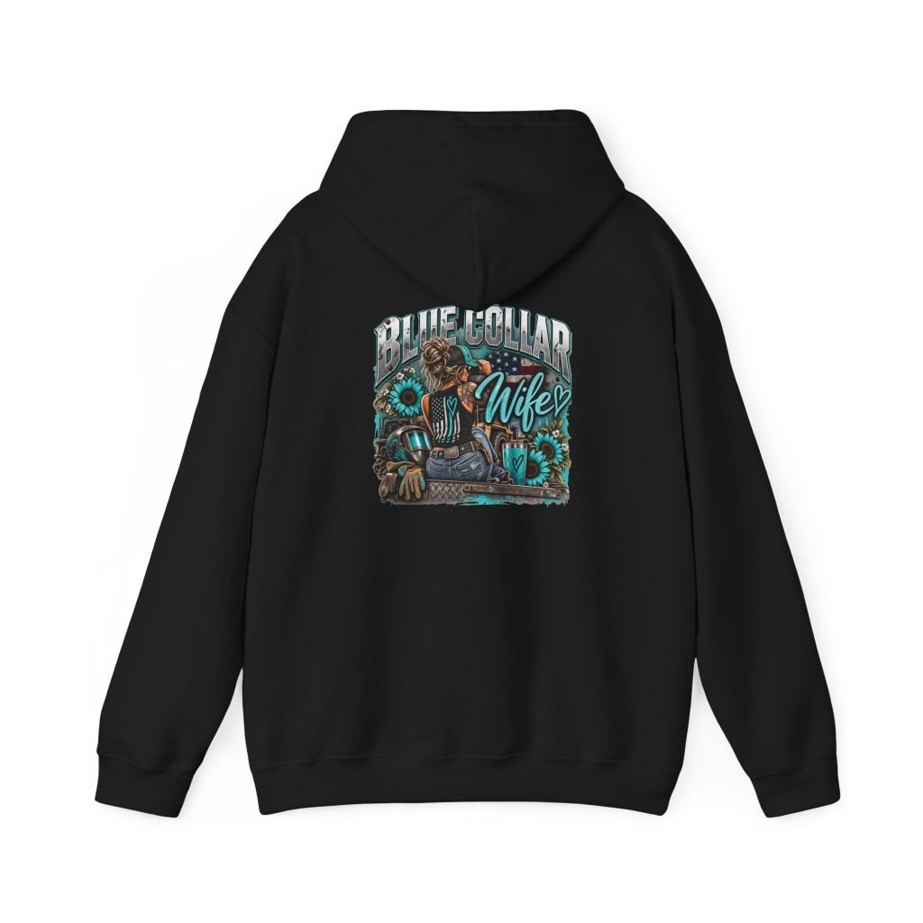 Blue Collar Wife | Turquoise Sunflower Back-Print Hoodie — Her Trade. Her RULES.