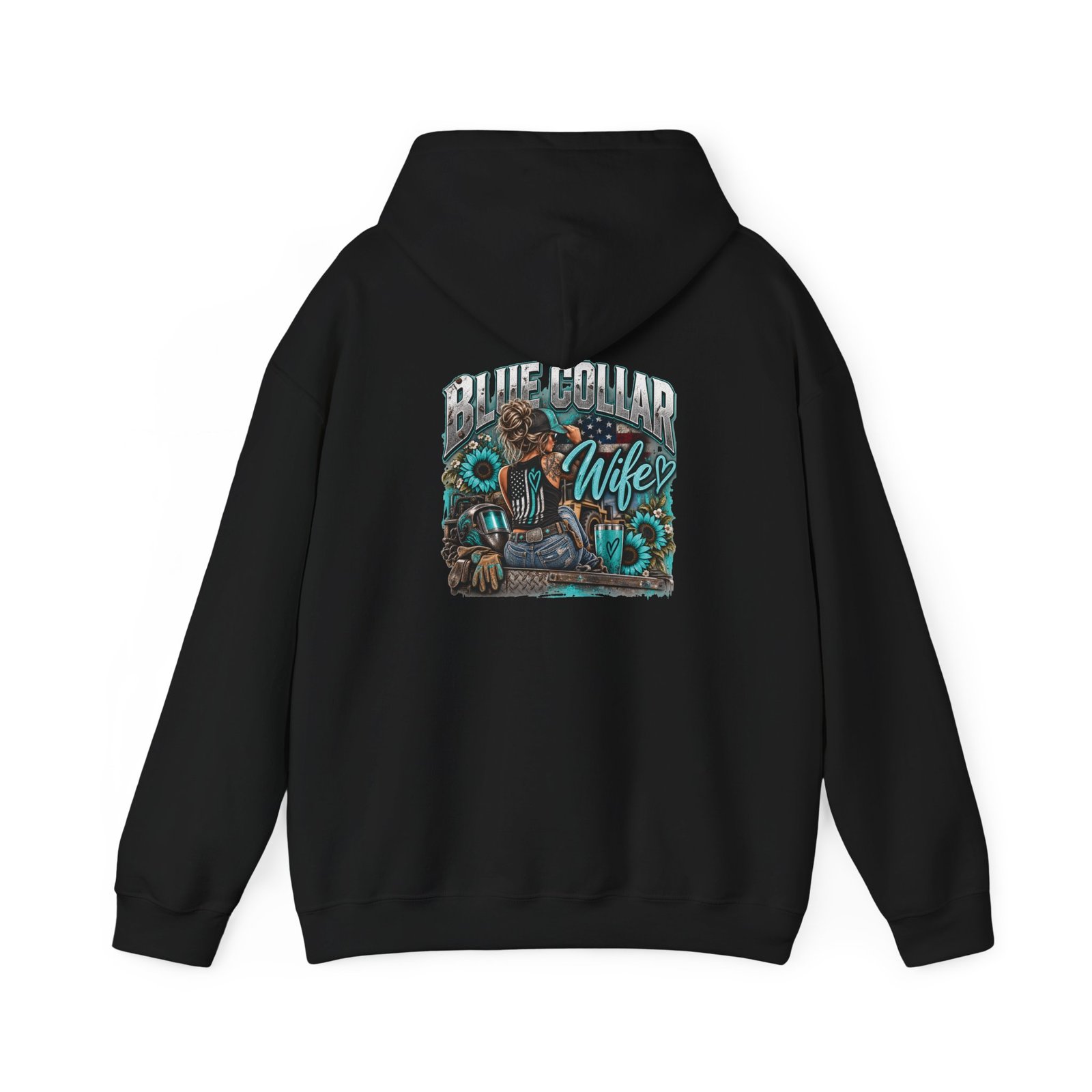 Blue Collar Wife | Turquoise Sunflower Back-Print Hoodie — Her Trade. Her RULES.