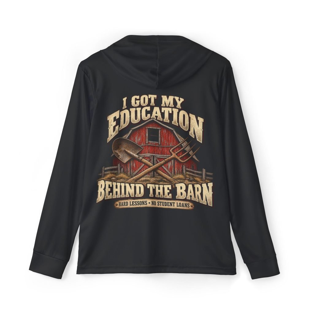 Barn Life — I Got My Education Behind the Barn — Black Sports AOP Full-Back Hoodie | Don’t Be a Ronnie