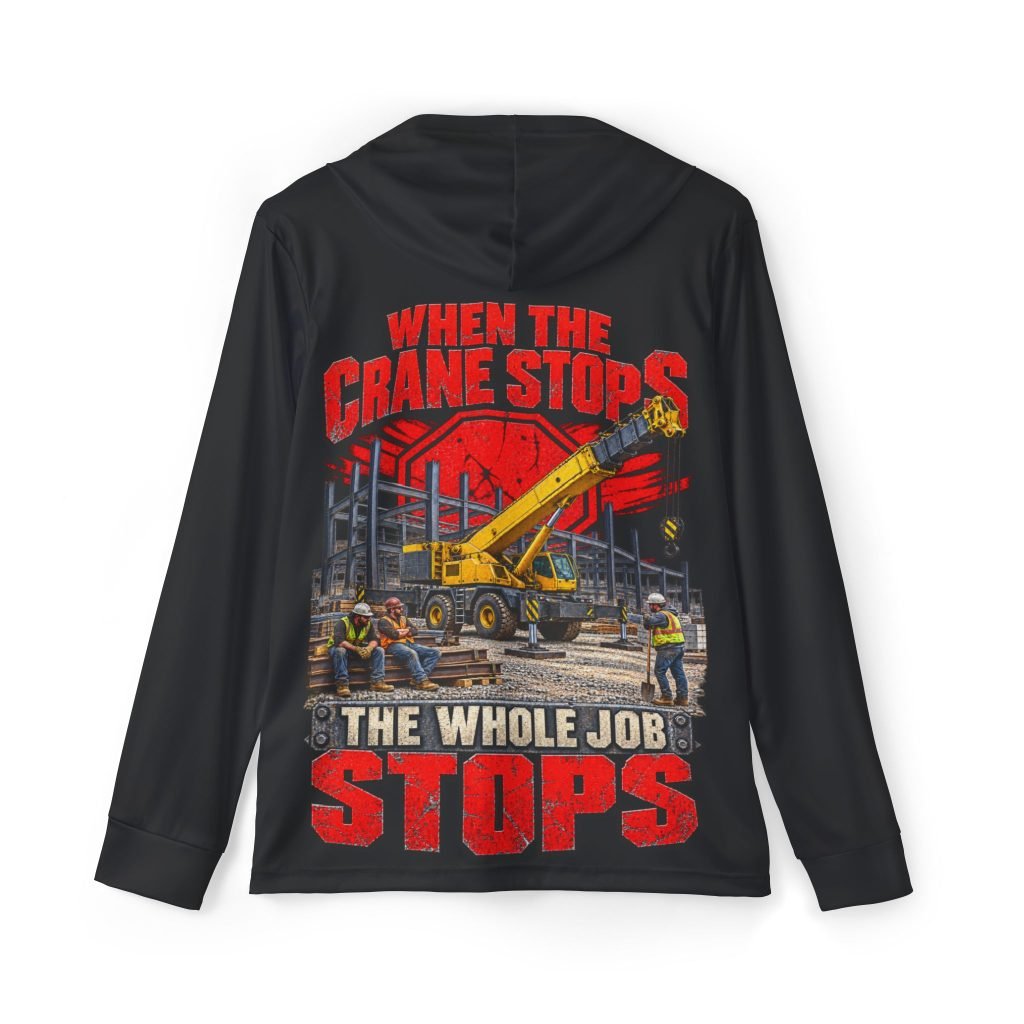 When the Crane Stops, the Whole Job Stops — Black Sports AOP Full-Back Hoodie | Don’t Be a Ronnie