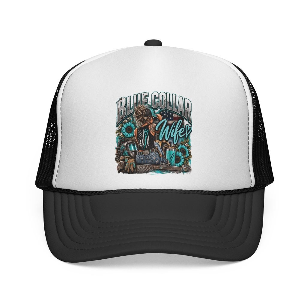 Blue Collar Wife | Turquoise Sunflower Black-and-White Trucker Hat — Her Trade. Her RULES.