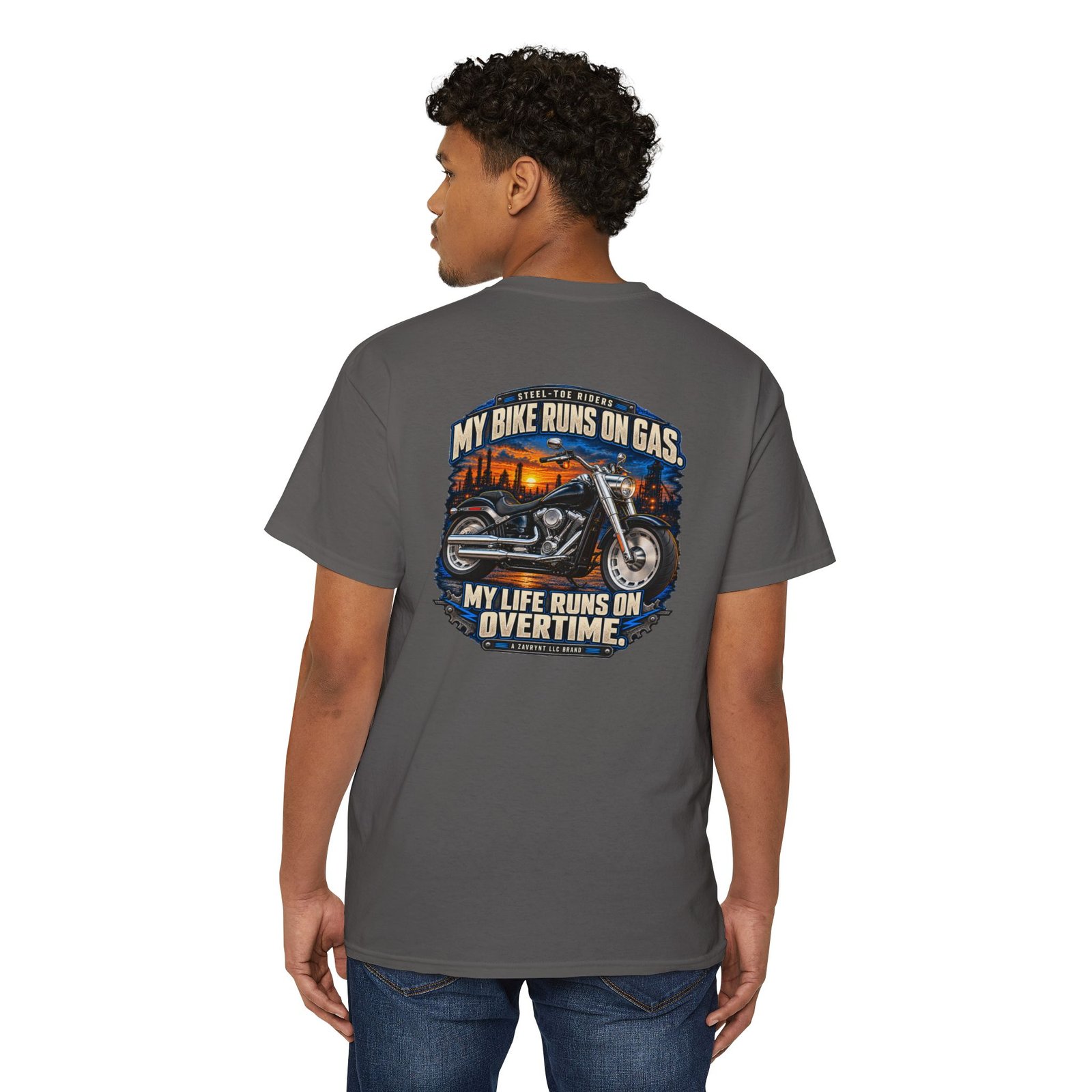 My Bike Runs on Gas. My Life Runs on Overtime. | Steel-Toe Riders Pocket Tee - Image 12