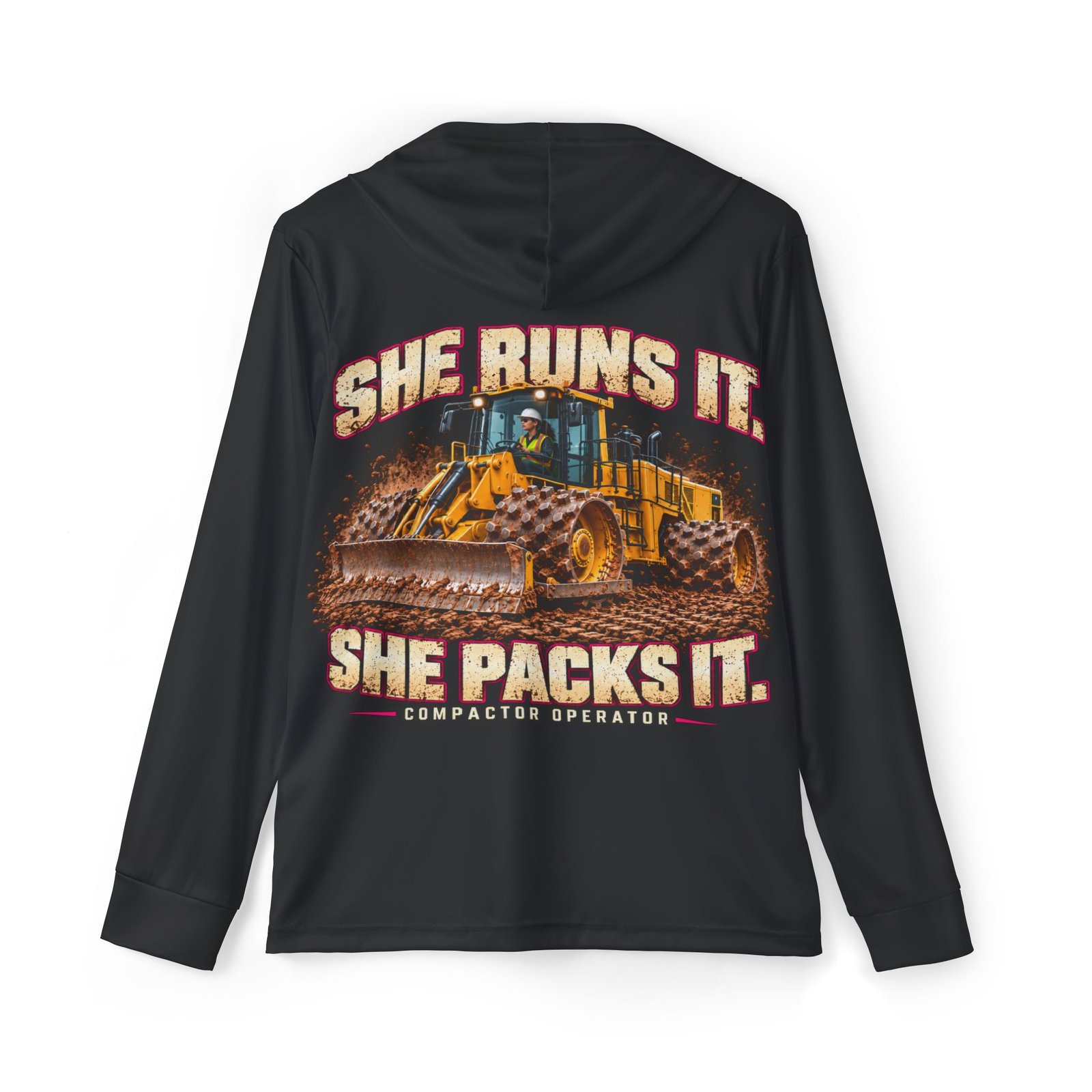 She Runs It. She Packs It. — Woman Compactor Operator — Black Sports AOP Hoodie | Don’t Be a Ronnie