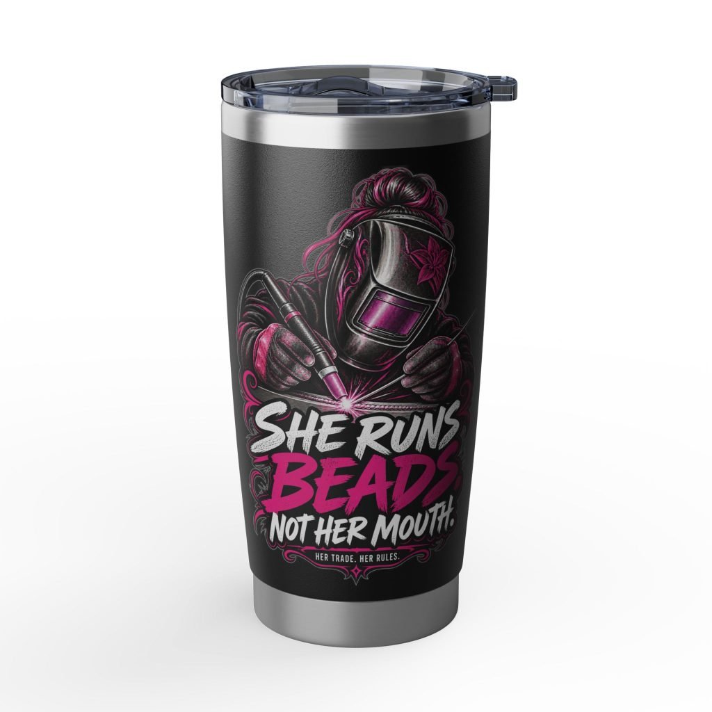 She Runs Beads, Not Her Mouth. | Hot Pink Welder Black 20oz Tumbler — Her Trade. Her RULES.