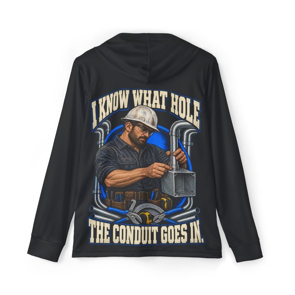 I Know What Hole the Conduit Goes In — Black Sports AOP Full-Back Hoodie | Don’t Be a Ronnie