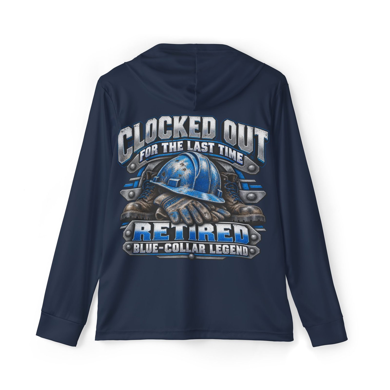 Officially Retired — Blue-Collar Legend — Navy Sports AOP Full-Back Hoodie | Don’t Be a Ronnie