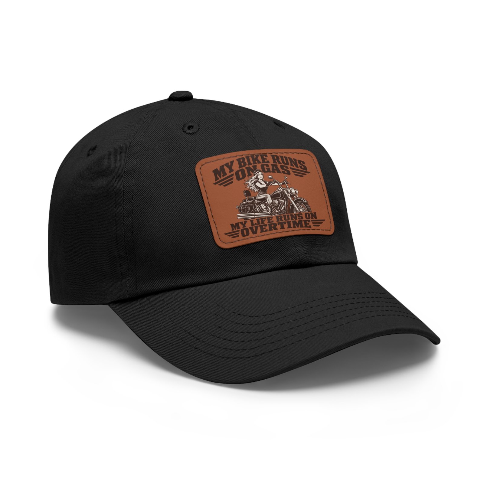 My Bike Runs on Gas. My Life Runs on Overtime. | Alexa Steel-Toe Riders Faux-Leather Patch Hat - Image 2
