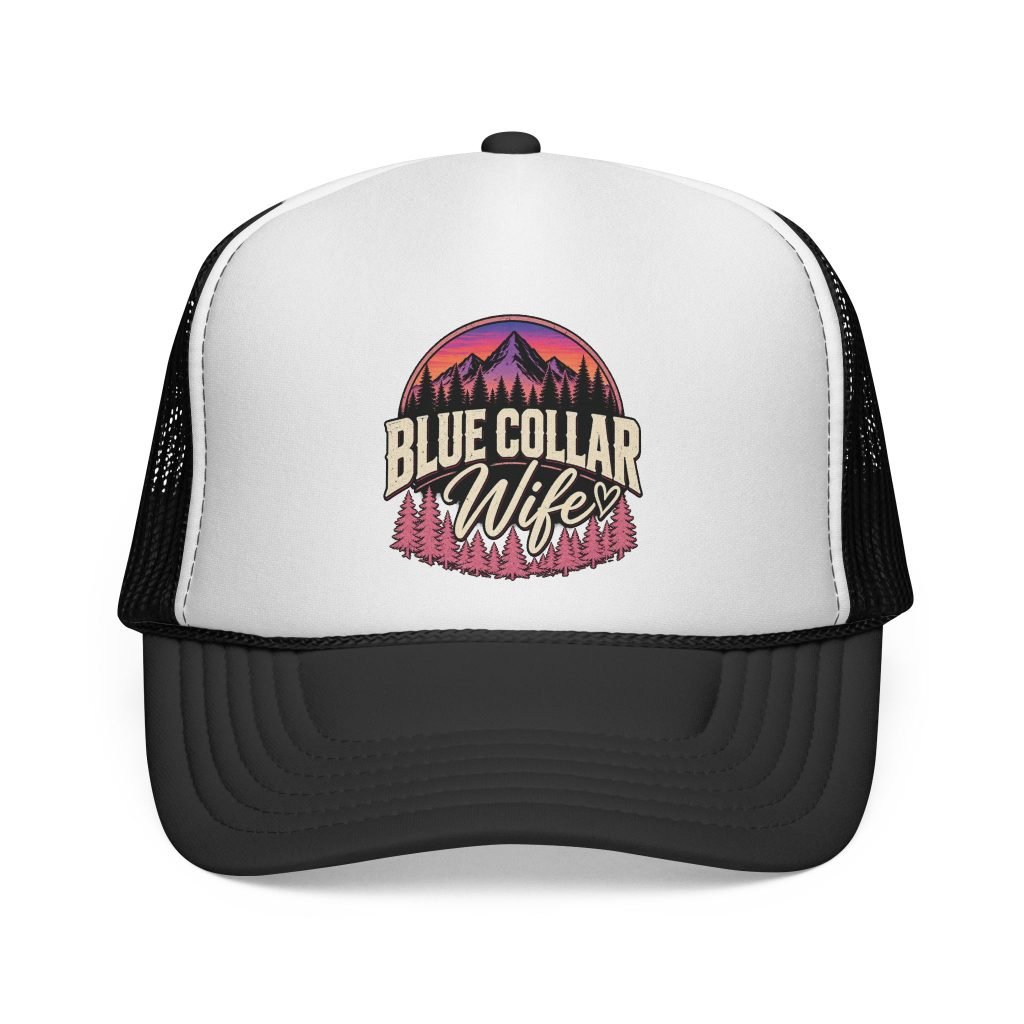 Blue Collar Wife | Mountain Sunset Black-and-White Trucker Hat — Her Trade. Her RULES.
