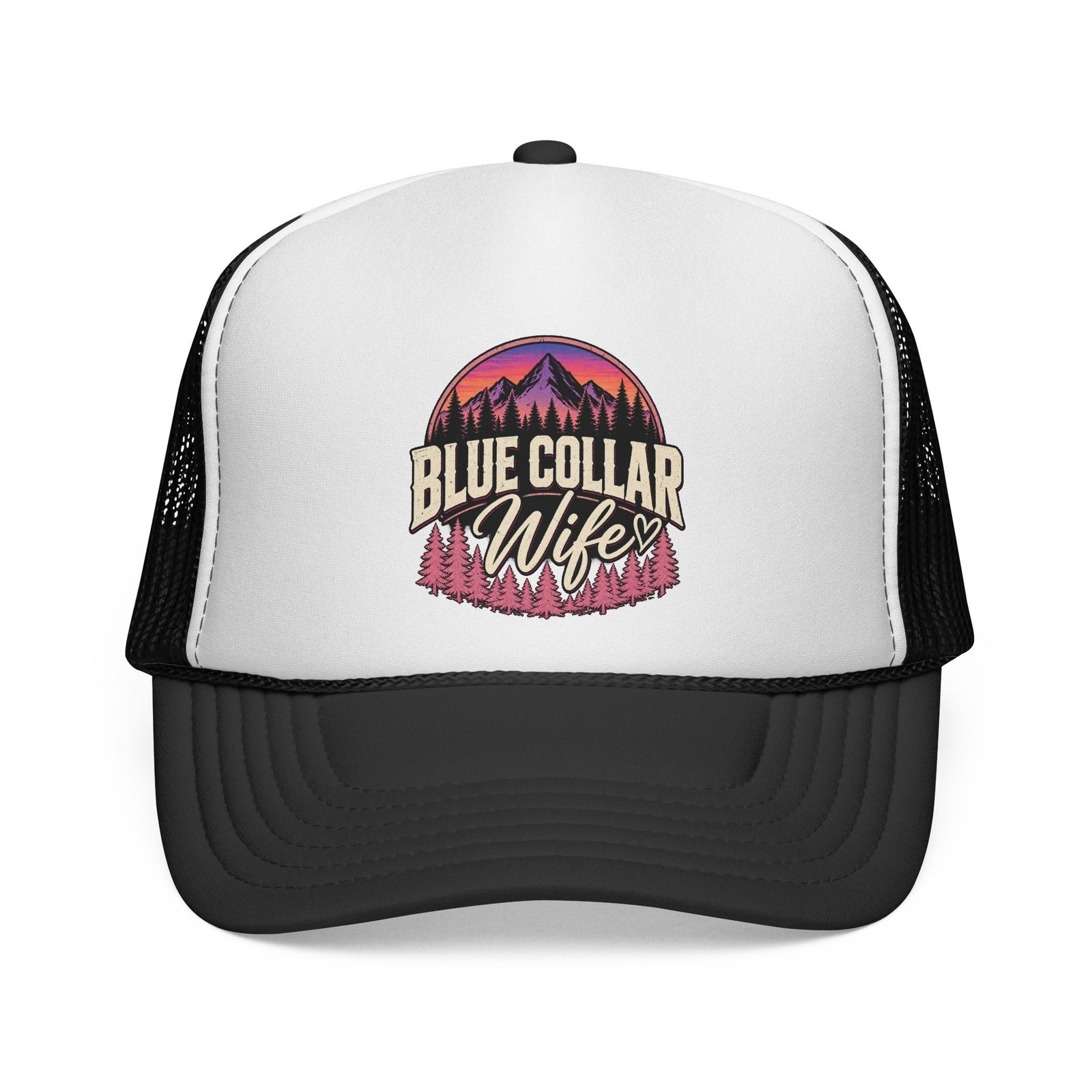 Blue Collar Wife | Mountain Sunset Black-and-White Trucker Hat — Her Trade. Her RULES.