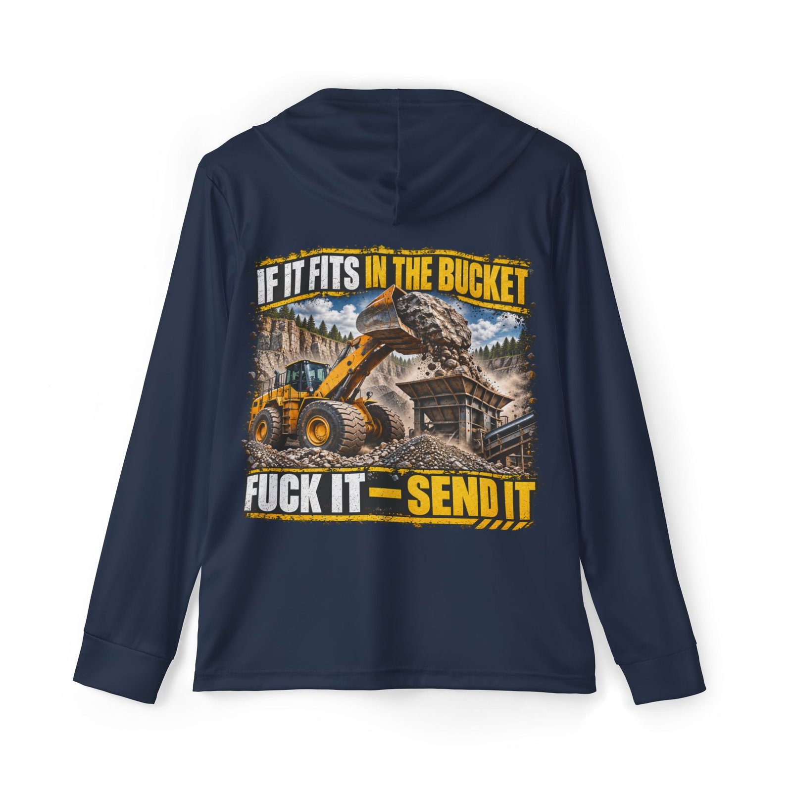 If It Fits in the Bucket, Fuck It — Send It | Original — Navy Sports AOP Full-Back Hoodie | Don’t Be a Ronnie