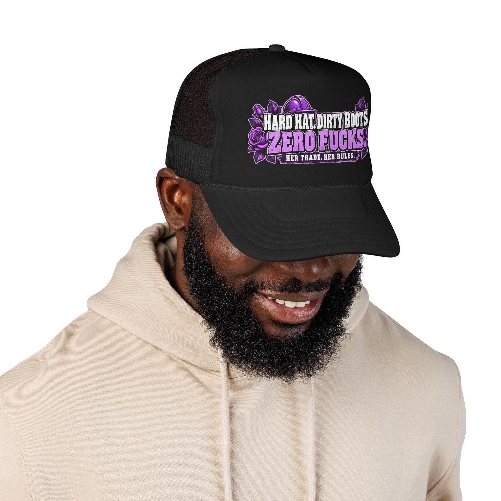 Hard hat. Dirty boots. Zero fucks. | Black Foam Trucker Hat — Purple Roses | Her Trade. Her RULES. - Image 3