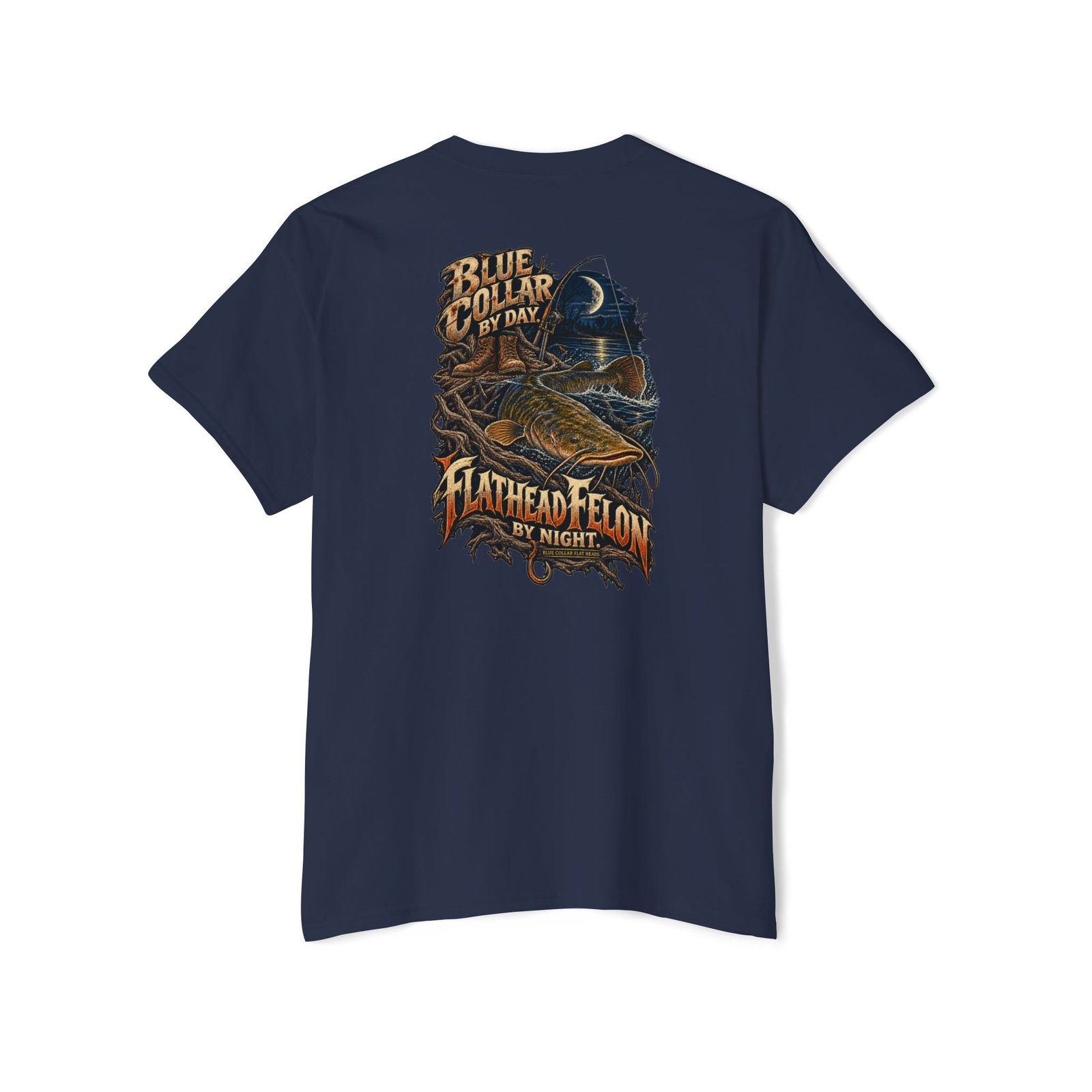 Blue Collar Flat Heads — Blue Collar by Day, Flathead Felon by Night Pocket Tee - Image 14