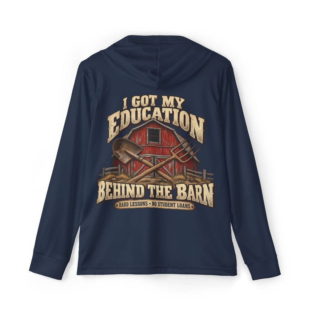Barn Life — I Got My Education Behind the Barn — Navy Sports AOP Full-Back Hoodie | Don’t Be a Ronnie
