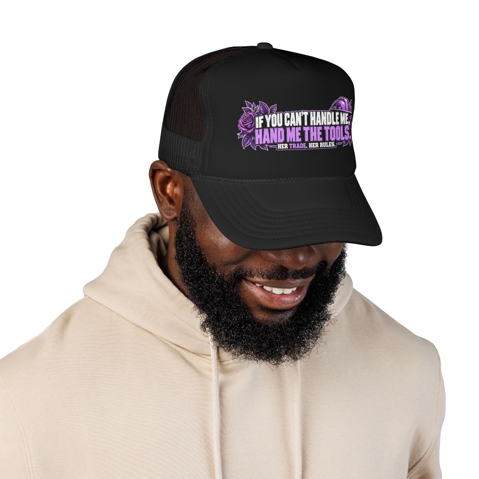 If you can’t handle me, hand me the tools. | Black Foam Trucker Hat — Purple Roses | Her Trade. Her RULES. - Image 3