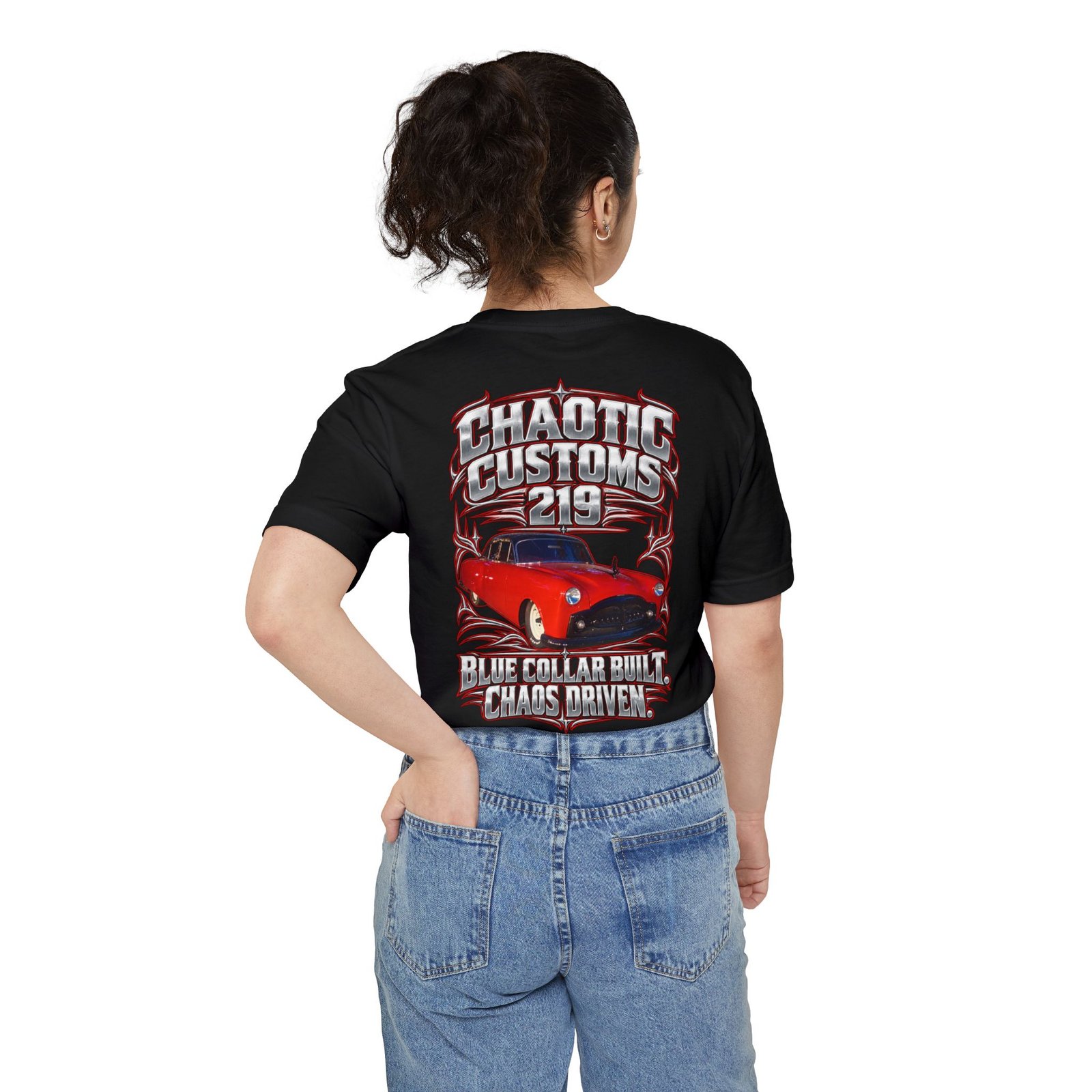 Chaotic Customs 219 — Larger Back Print Bella+Canvas Pocket Tee - Image 4