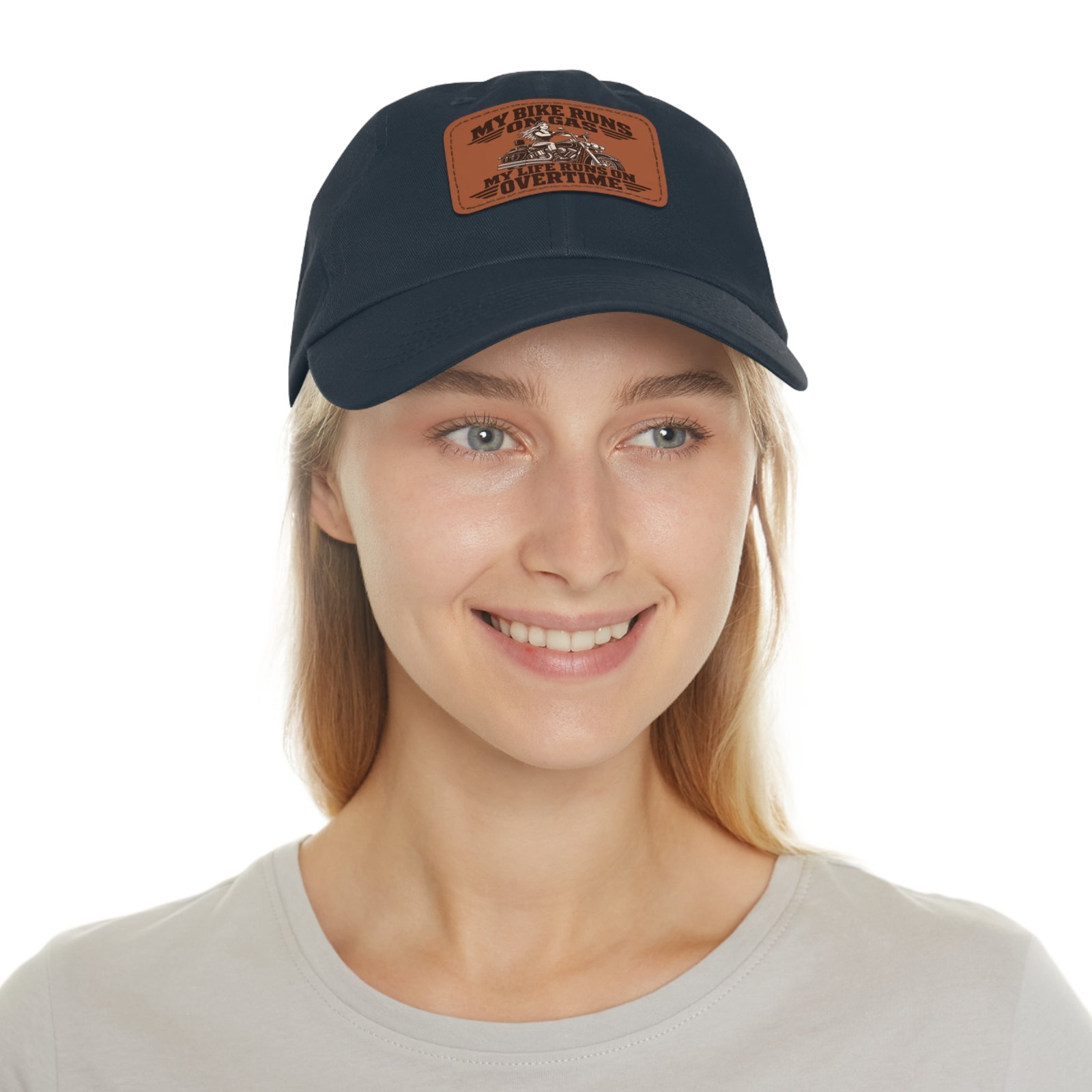 My Bike Runs on Gas. My Life Runs on Overtime. | Alexa Steel-Toe Riders Faux-Leather Patch Hat - Image 8