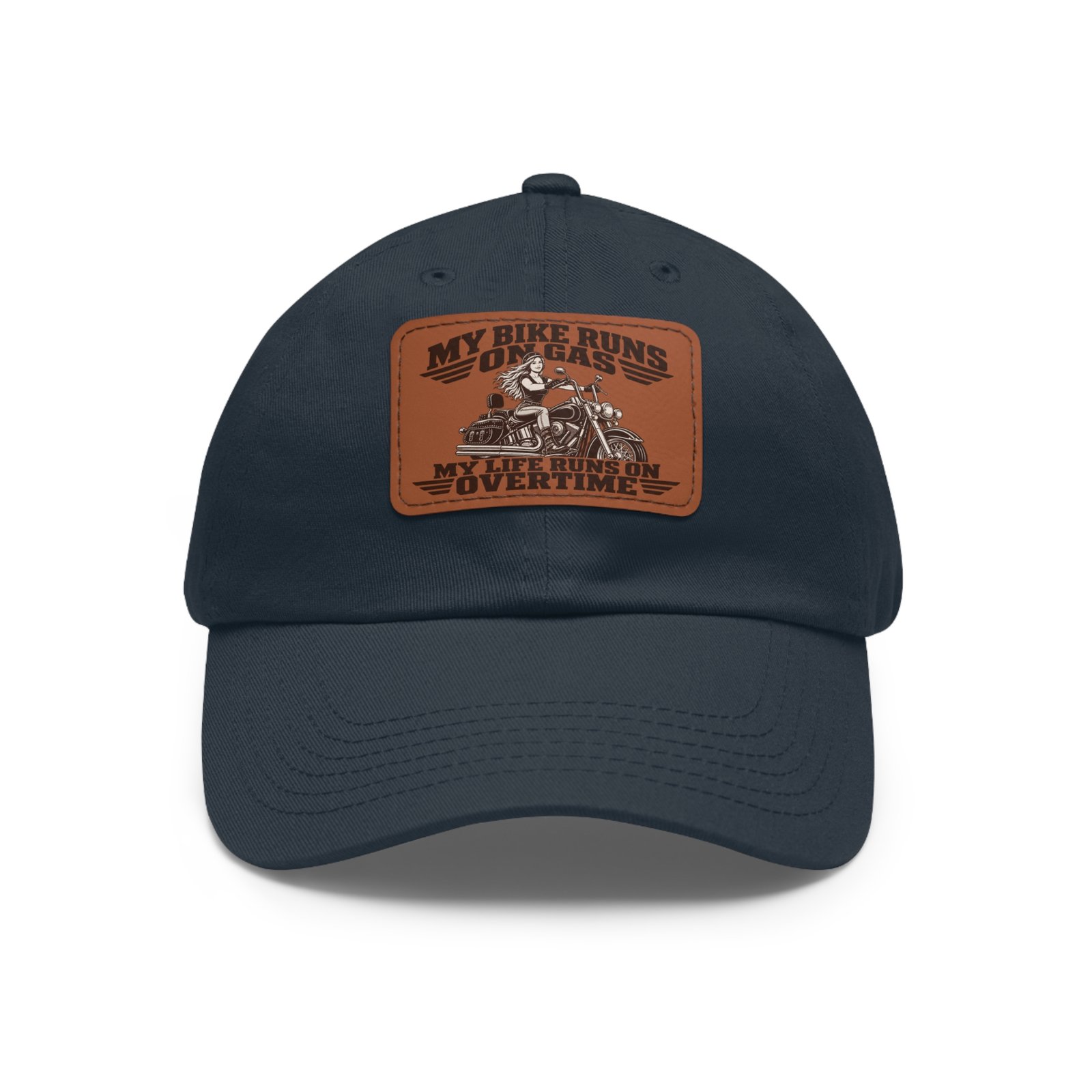 My Bike Runs on Gas. My Life Runs on Overtime. | Alexa Steel-Toe Riders Faux-Leather Patch Hat - Image 5