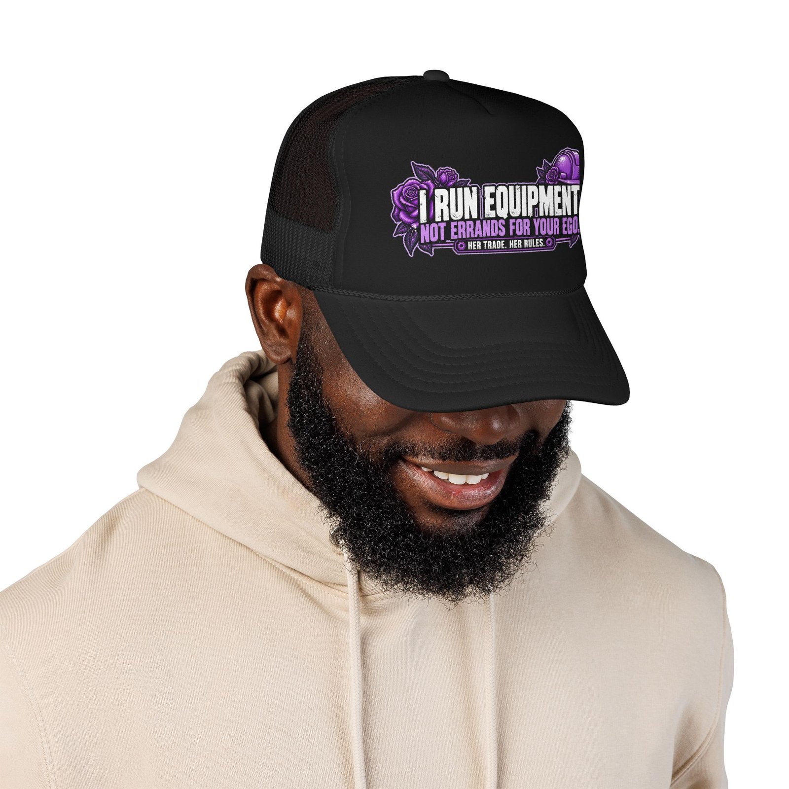 I run equipment. Not errands for your ego. | Black Foam Trucker Hat — Purple Roses | Her Trade. Her RULES. - Image 3