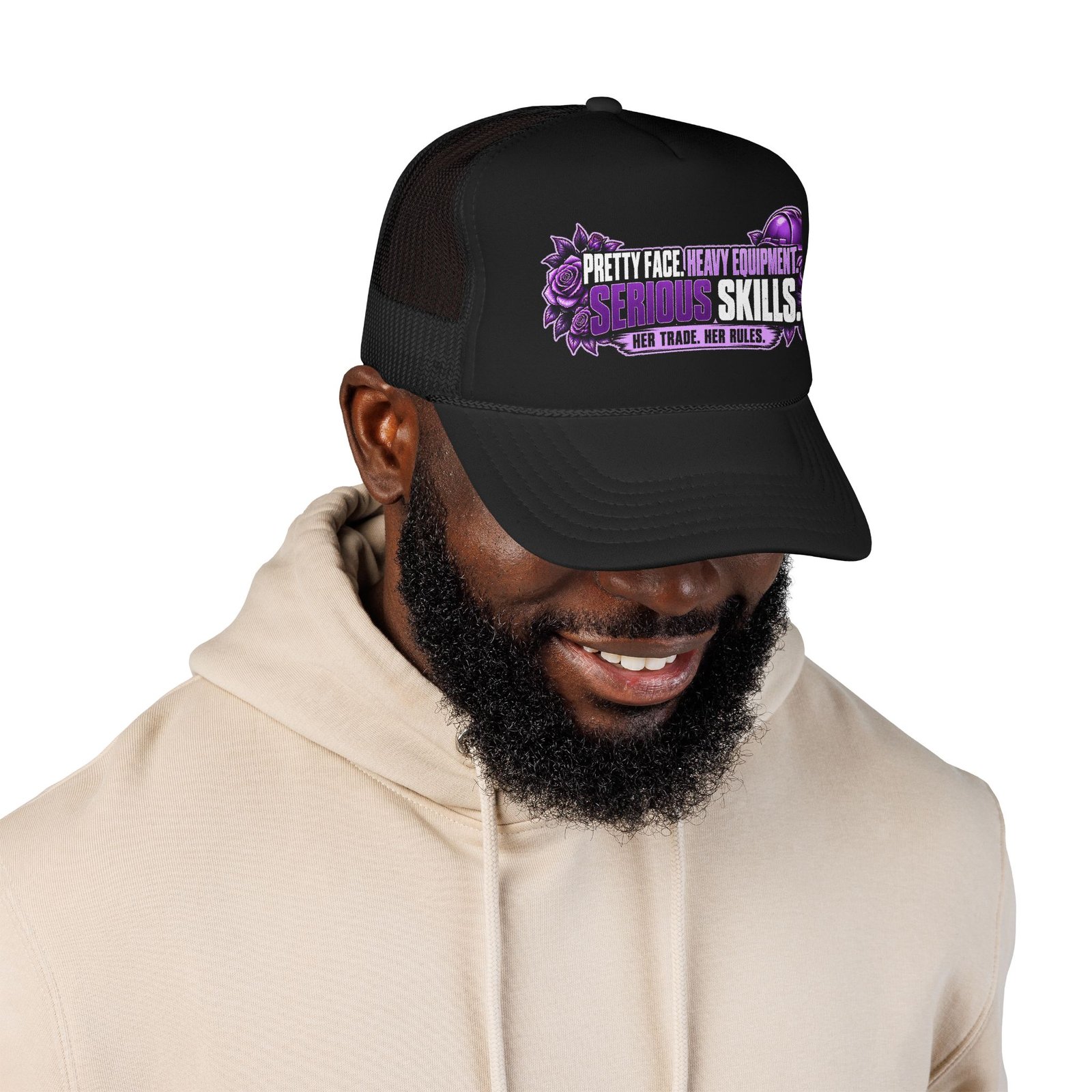 Pretty face. Heavy equipment. Serious skills. | Black Foam Trucker Hat — Purple Roses | Her Trade. Her RULES. - Image 3
