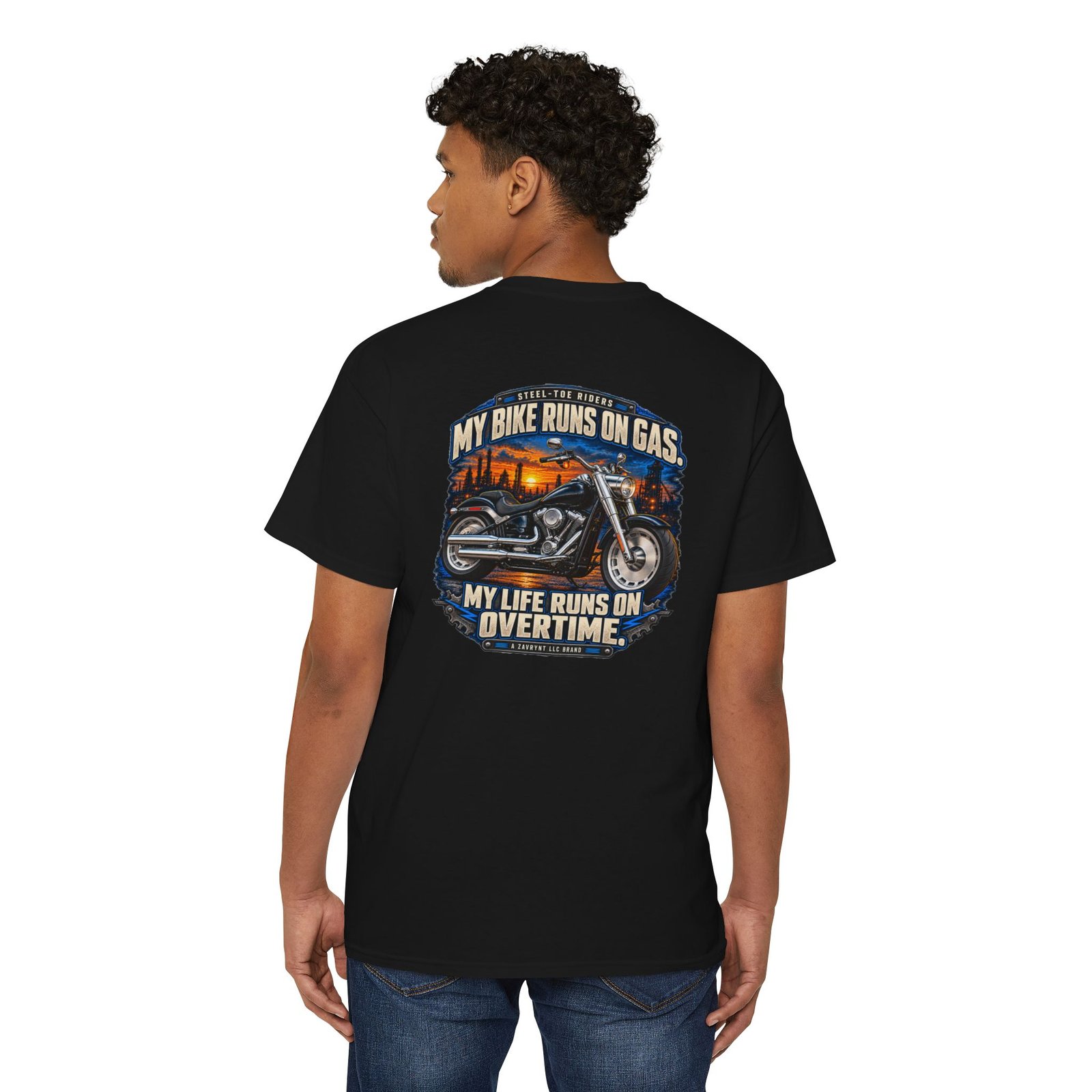 My Bike Runs on Gas. My Life Runs on Overtime. | Steel-Toe Riders Pocket Tee - Image 4