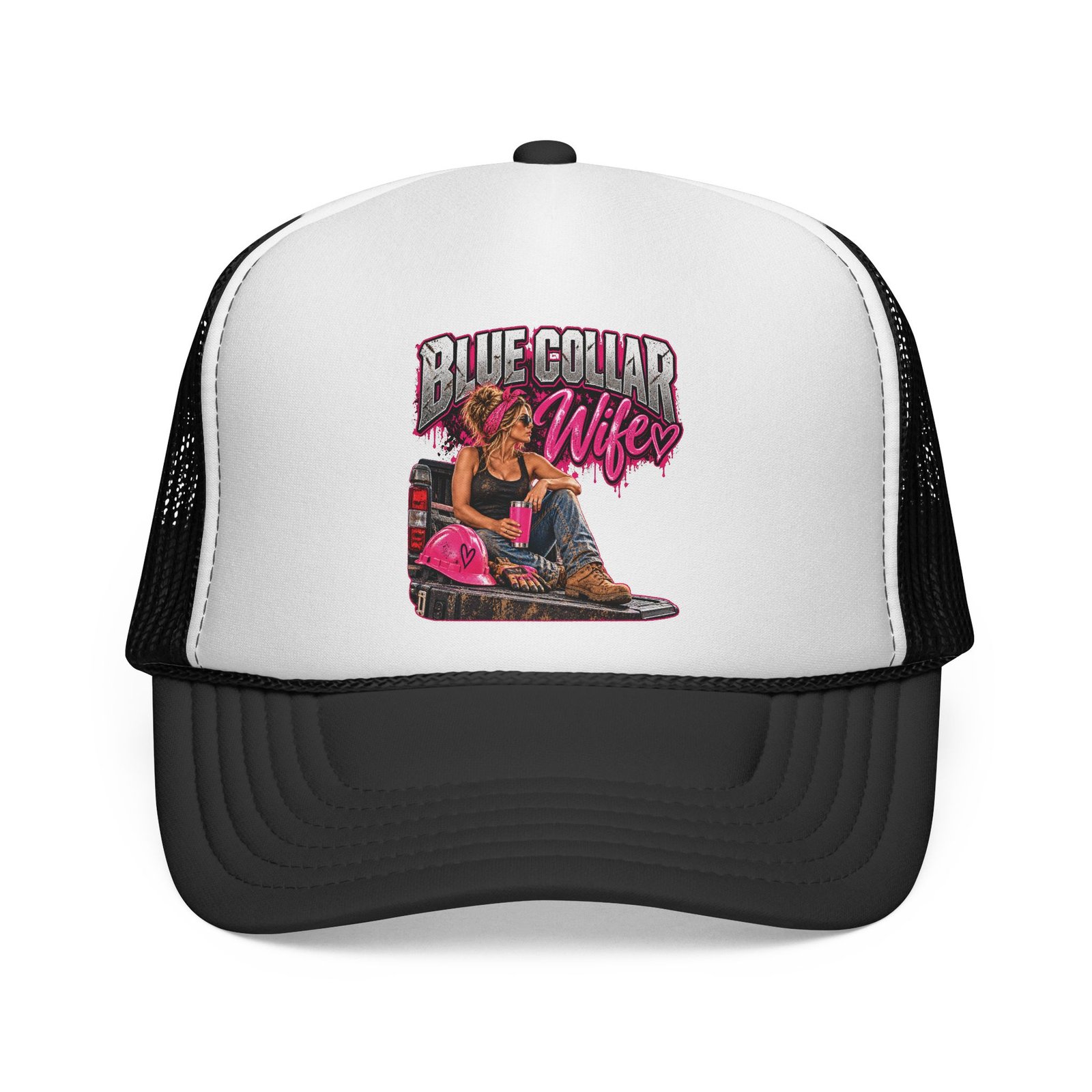 Blue Collar Wife | Hot Pink Tailgate Black-and-White Trucker Hat — Her Trade. Her RULES.