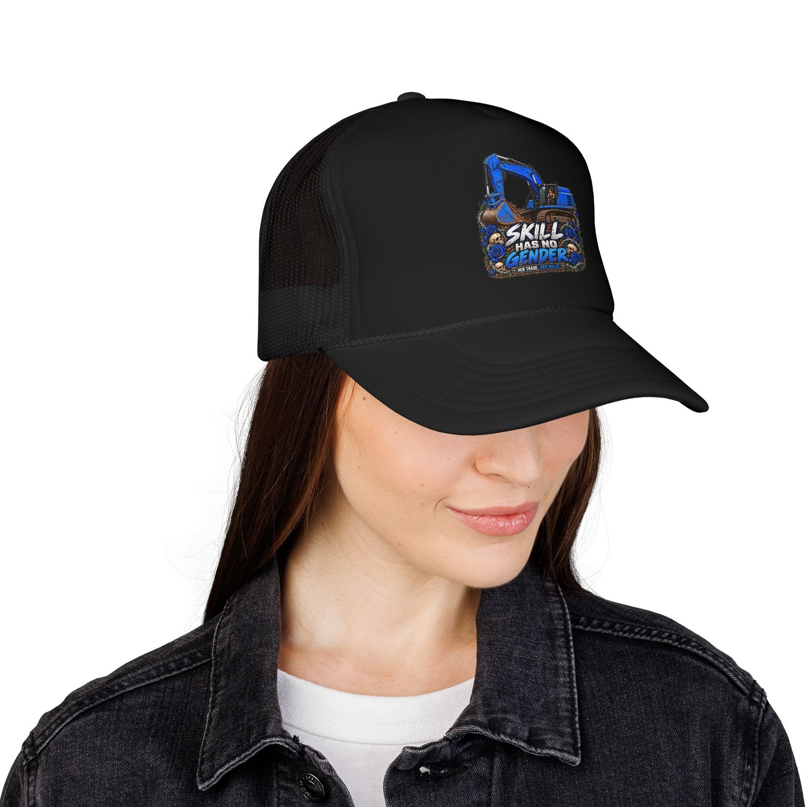 Skill Has No Gender | Blue Excavator Black Trucker Hat — Her Trade. Her RULES. - Image 4