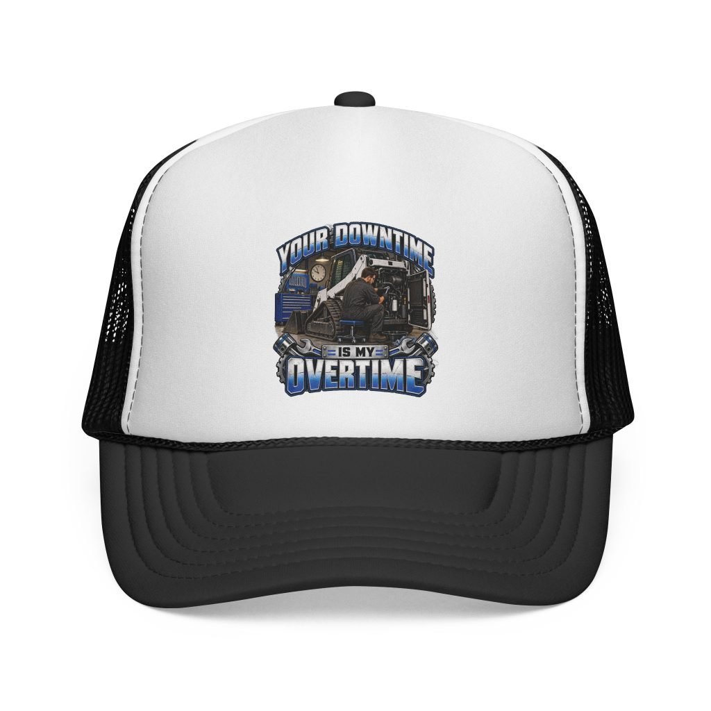 Your Downtime Is My Overtime | Diesel Mechanic Black-and-White Trucker Hat — Don’t Be a Ronnie