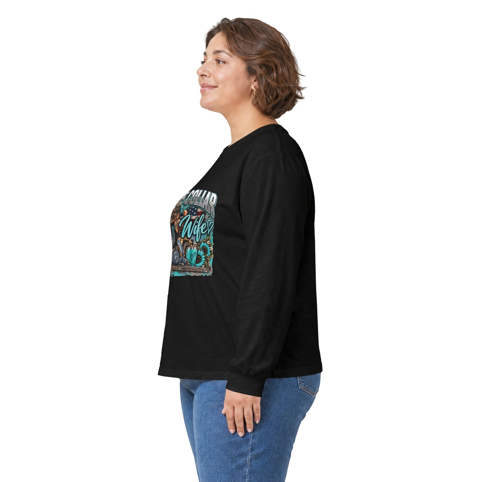 Blue Collar Wife | Turquoise Sunflower Long-Sleeve Shirt — Her Trade. Her RULES. - Image 4