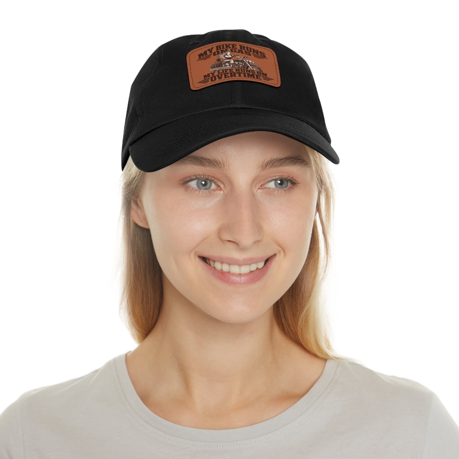 My Bike Runs on Gas. My Life Runs on Overtime. | Alexa Steel-Toe Riders Faux-Leather Patch Hat - Image 4