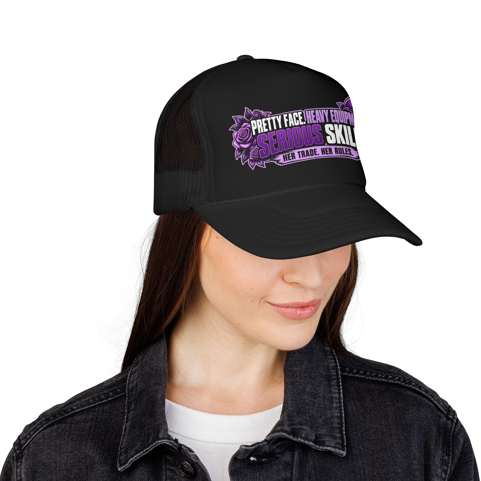 Pretty face. Heavy equipment. Serious skills. | Black Foam Trucker Hat — Purple Roses | Her Trade. Her RULES. - Image 4
