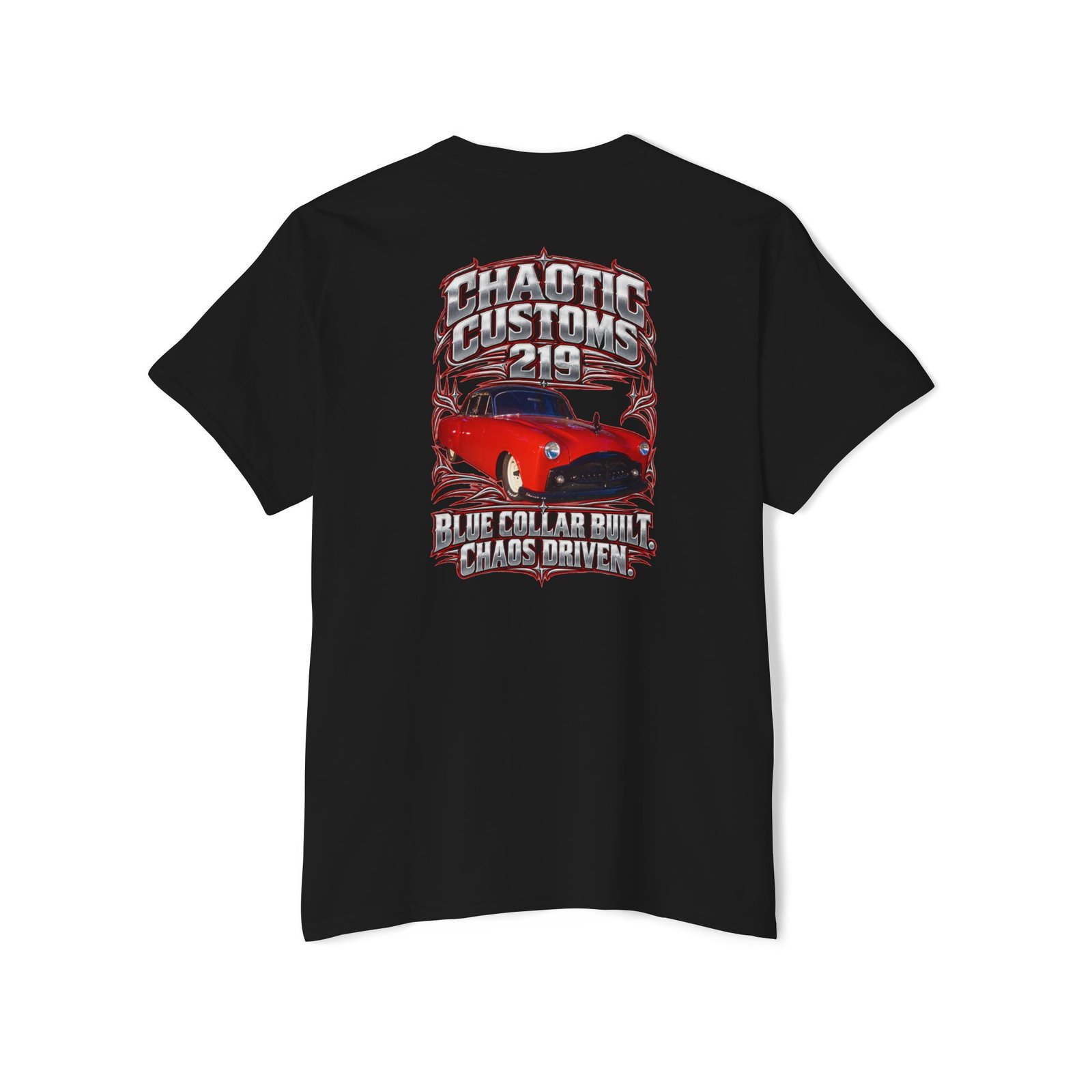 Chaotic Customs 219 — Blue Collar Built. Chaos Driven. Pocket Tee
