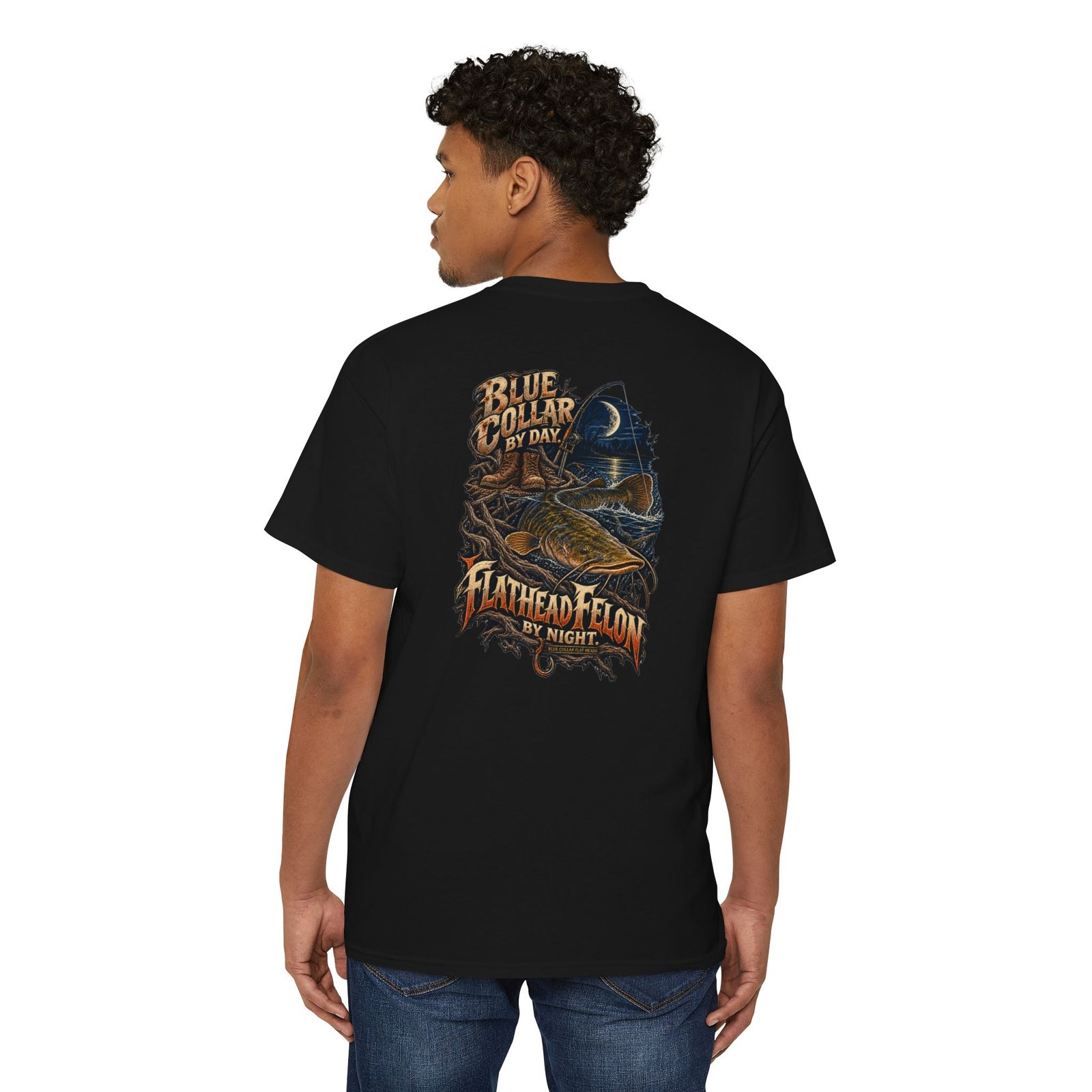 Blue Collar Flat Heads — Blue Collar by Day, Flathead Felon by Night Pocket Tee - Image 4