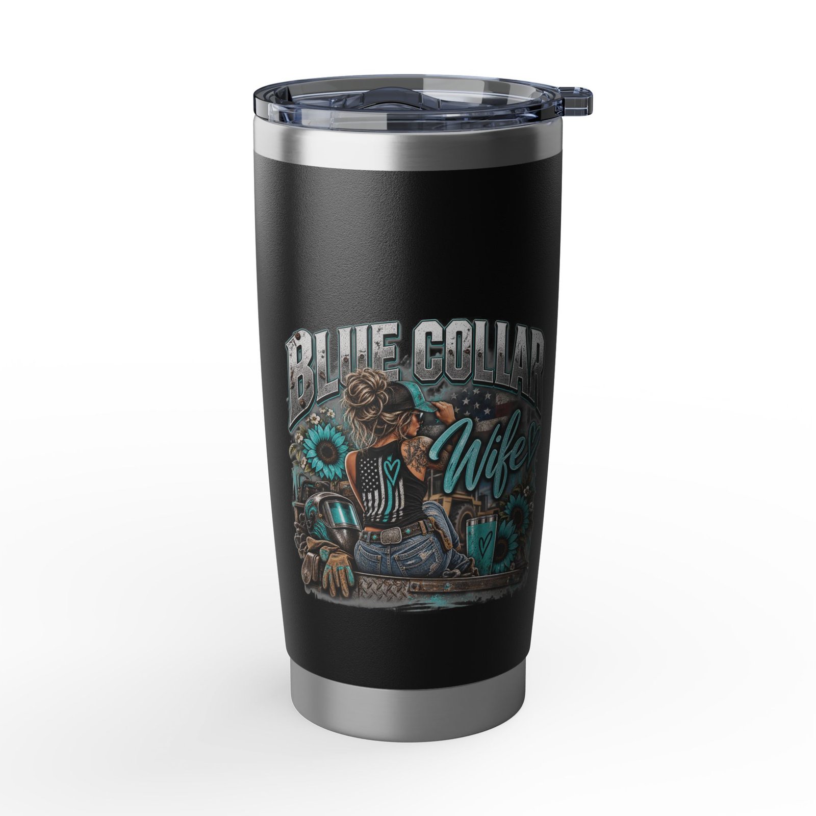 Blue Collar Wife | Turquoise Sunflower Black 20oz Tumbler — Her Trade. Her RULES.