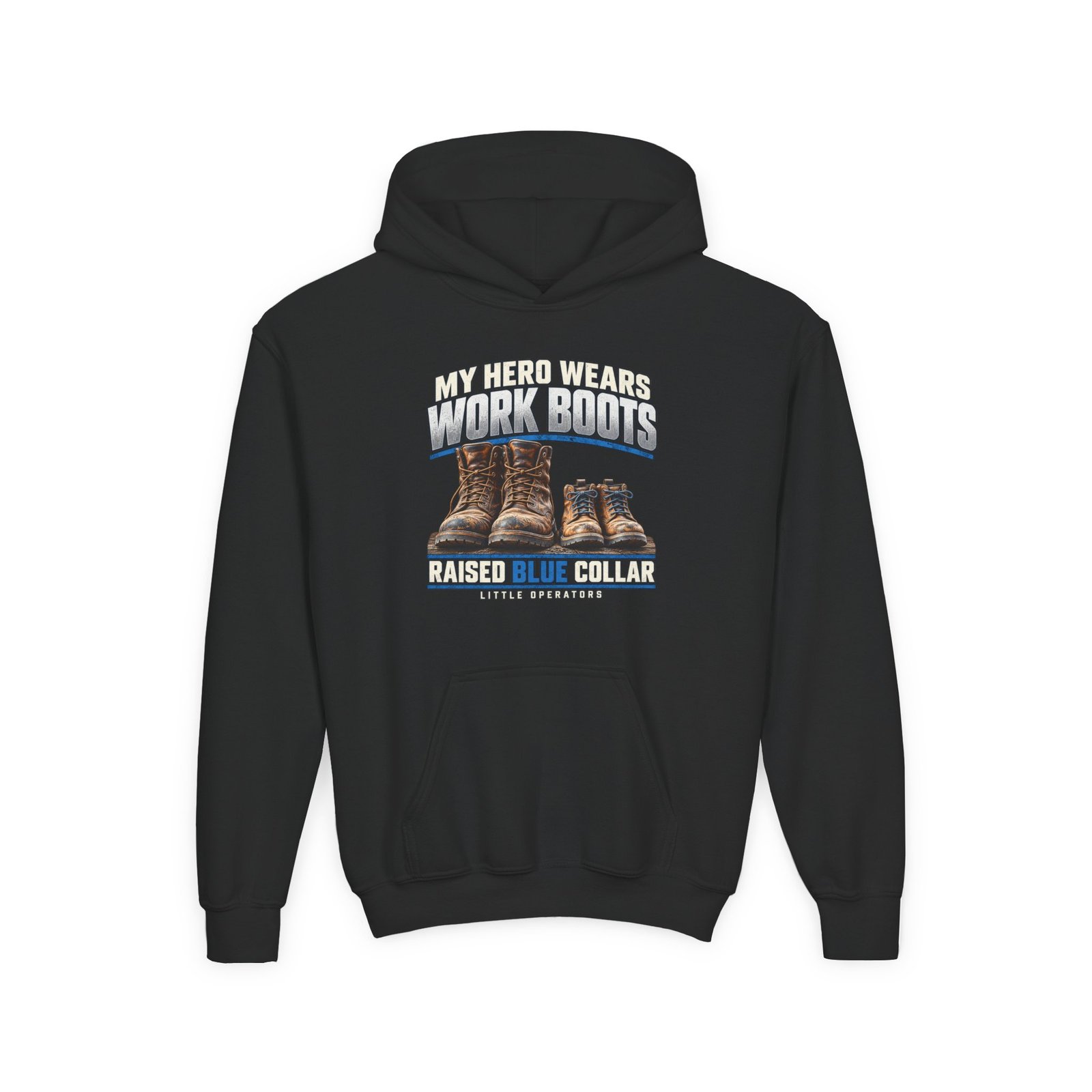 My Hero Wears Work Boots — Little Operators Youth Hoodie - Image 2