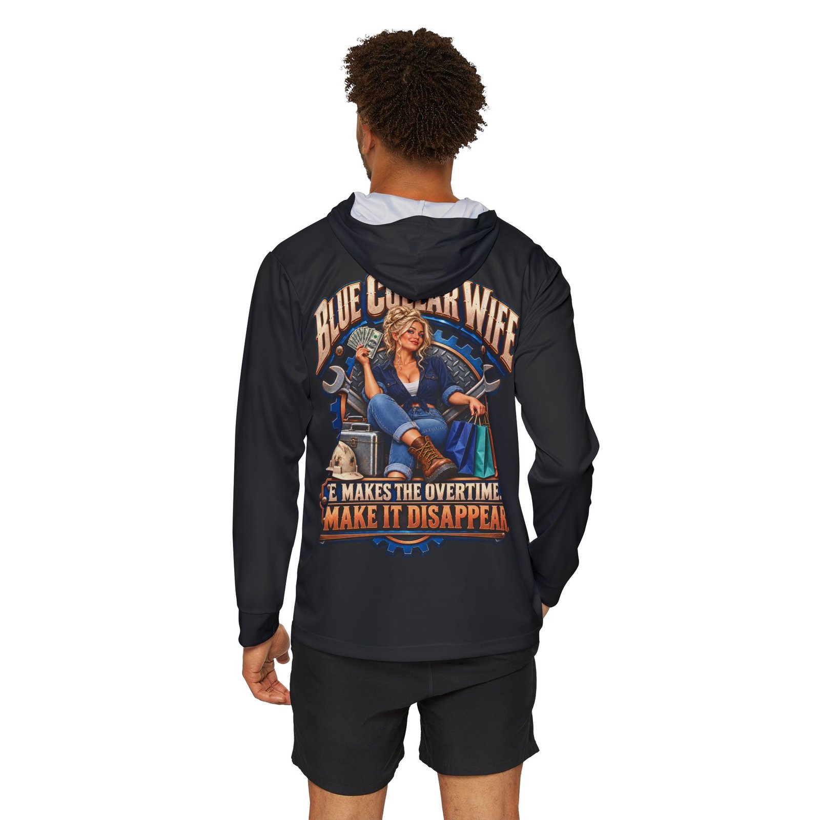 Blue Collar Wife — He Makes the Overtime, I Make It Disappear — Sports AOP Full-Back Hoodie | Don’t Be a Ronnie - Image 4
