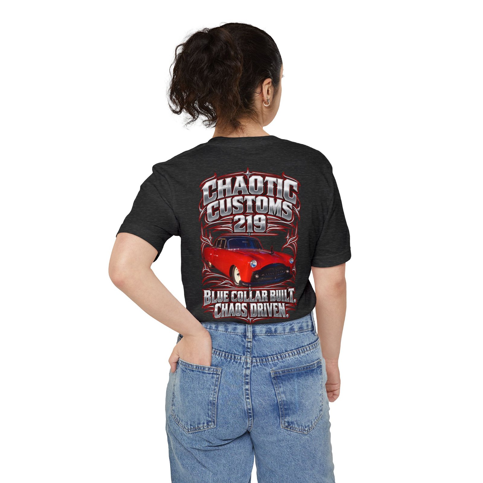 Chaotic Customs 219 — Larger Back Print Bella+Canvas Pocket Tee - Image 16