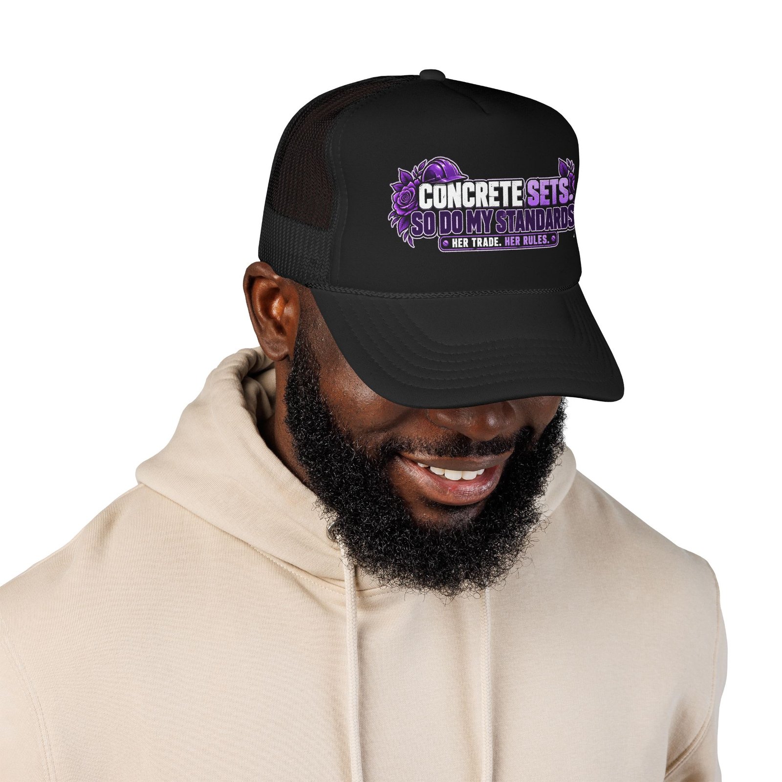 Concrete sets. So do my standards. | Black Foam Trucker Hat — Purple Roses | Her Trade. Her RULES. - Image 3
