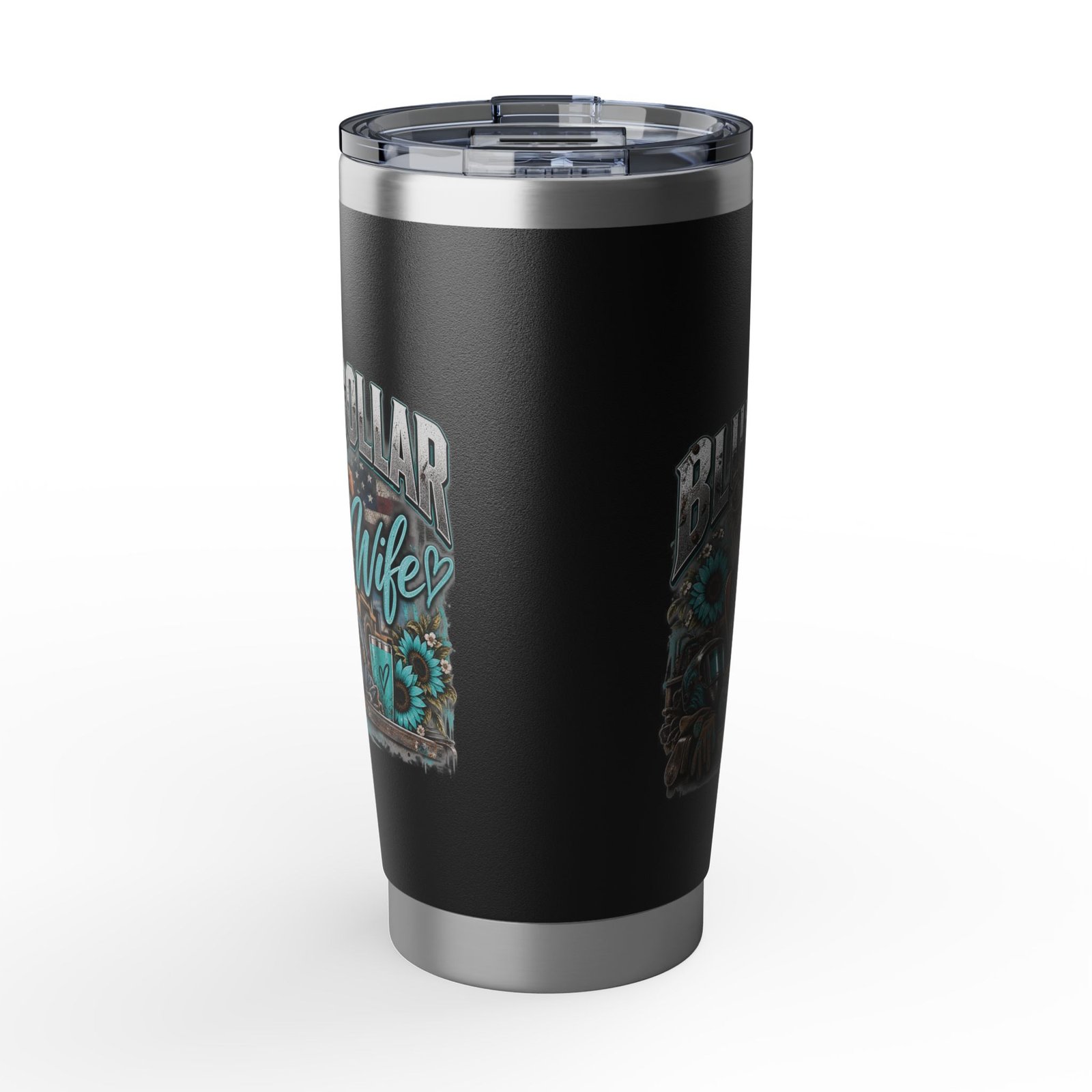 Blue Collar Wife | Turquoise Sunflower Black 20oz Tumbler — Her Trade. Her RULES. - Image 3