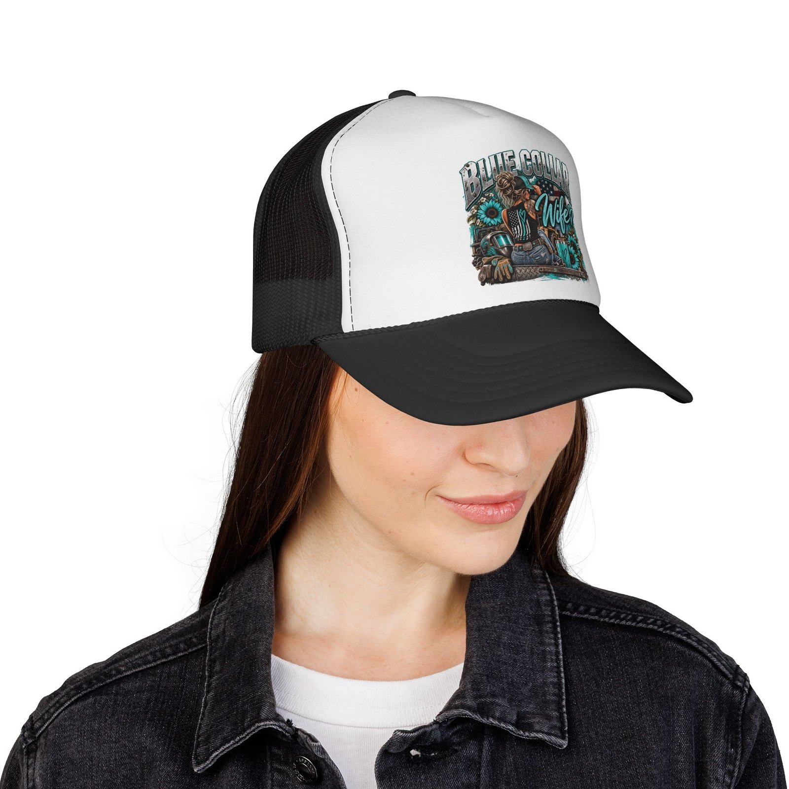 Blue Collar Wife | Turquoise Sunflower Black-and-White Trucker Hat — Her Trade. Her RULES. - Image 4