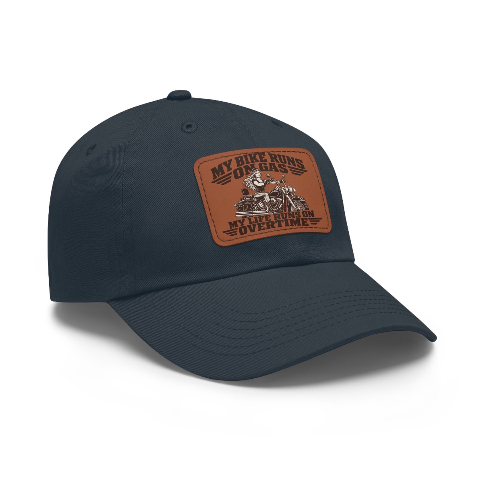 My Bike Runs on Gas. My Life Runs on Overtime. | Alexa Steel-Toe Riders Faux-Leather Patch Hat - Image 6