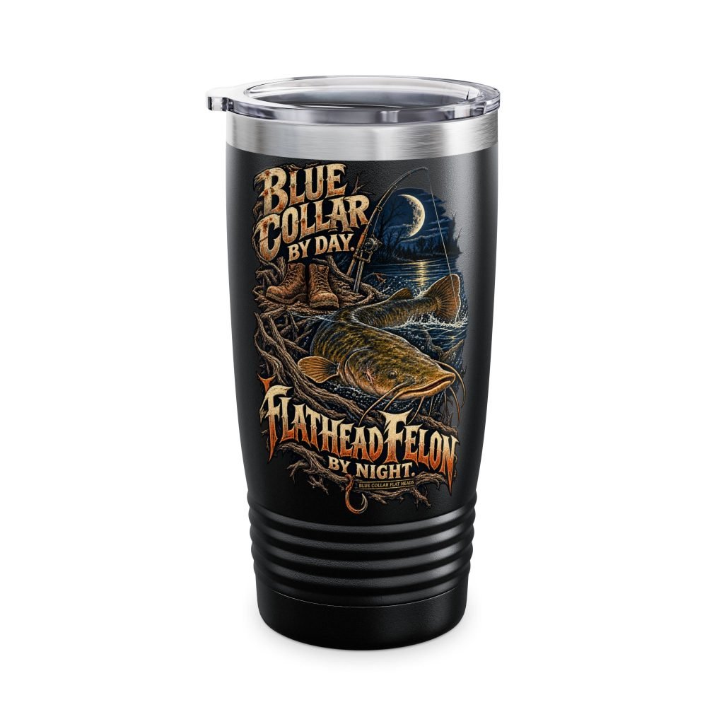 Blue Collar Flat Heads — Blue Collar by Day, Flathead Felon by Night Black 20oz Tumbler
