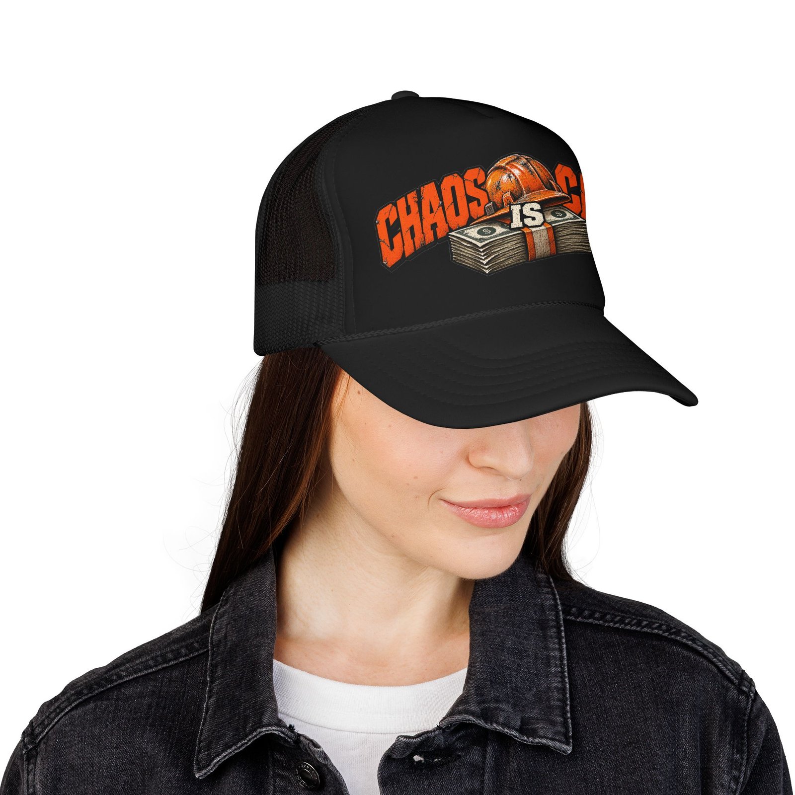 Chaos Is Cash | Neon Orange Hardhat Trucker Hat — Don’t Be a Ronnie - Image 4