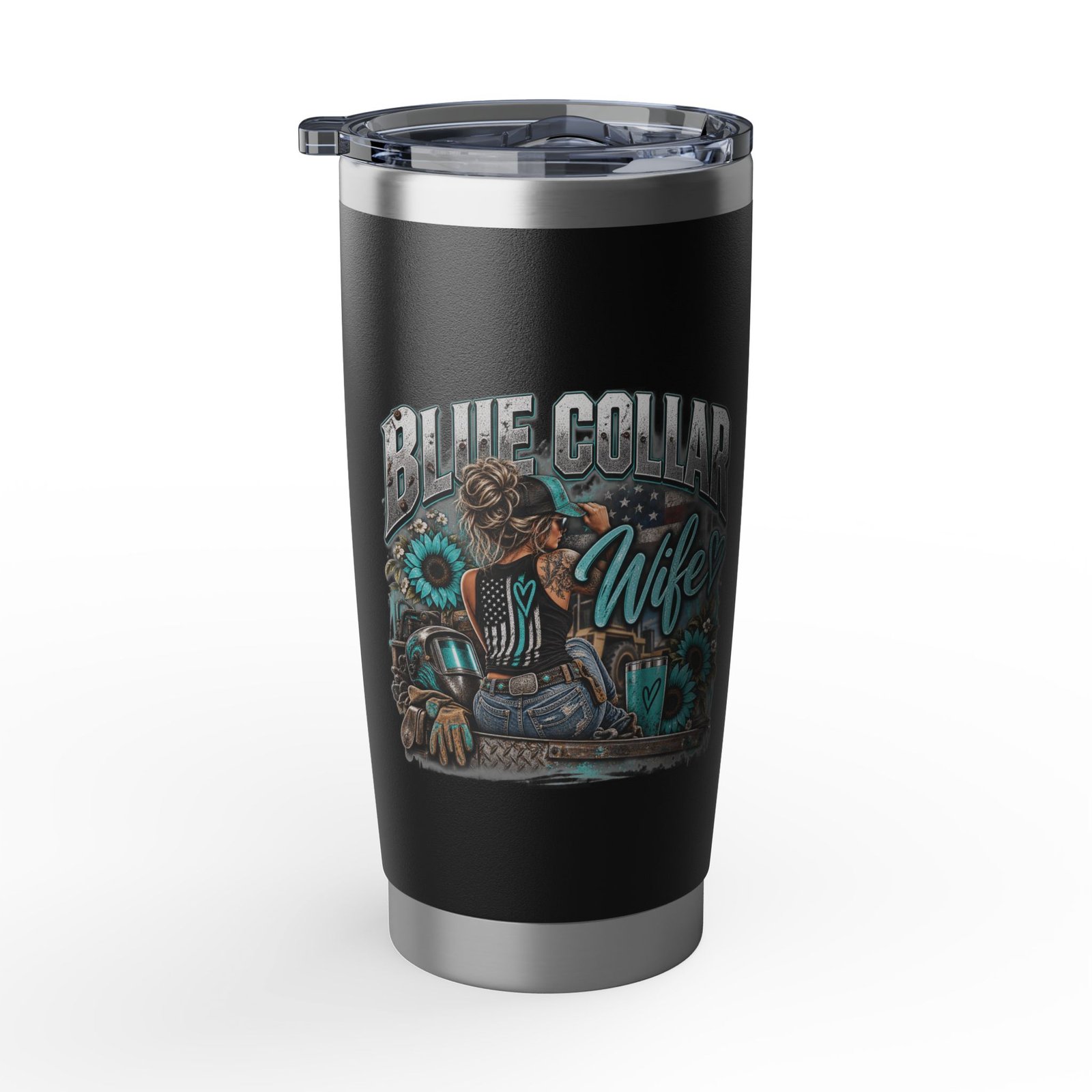 Blue Collar Wife | Turquoise Sunflower Black 20oz Tumbler — Her Trade. Her RULES. - Image 2