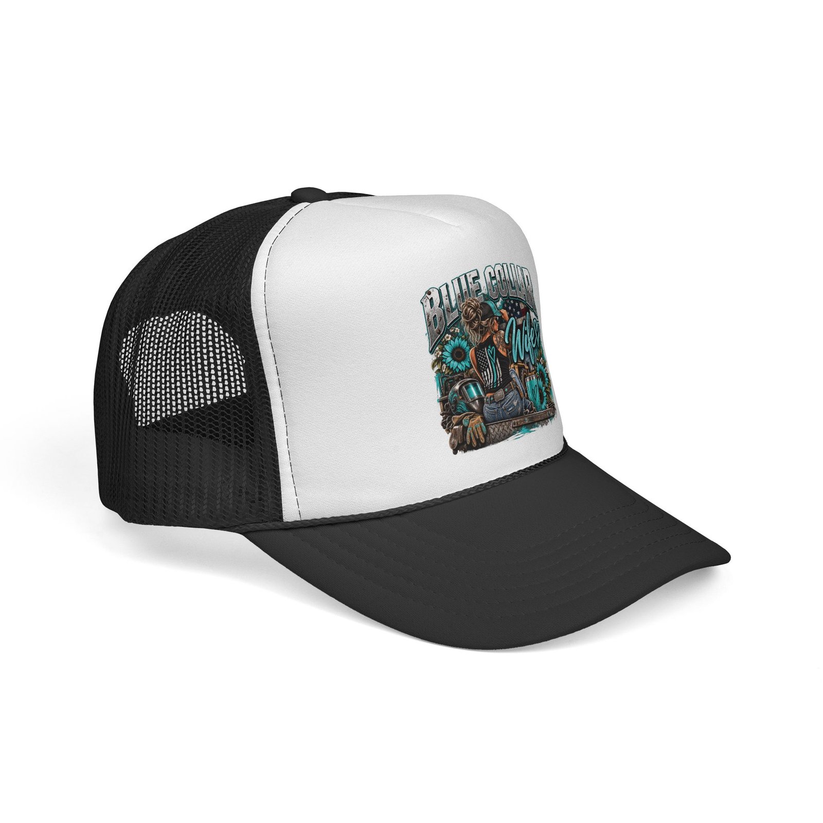 Blue Collar Wife | Turquoise Sunflower Black-and-White Trucker Hat — Her Trade. Her RULES. - Image 2